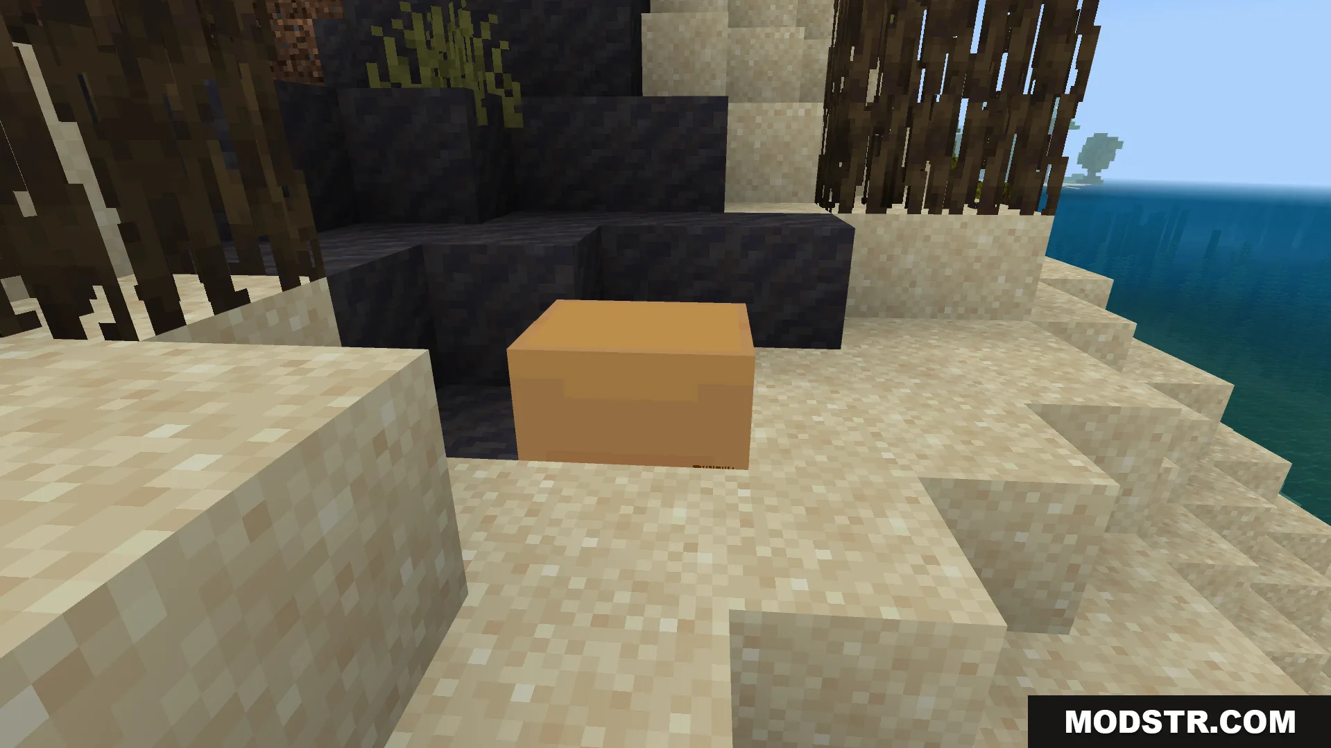Verity BE Addon Screenshot 2 A mysterious yellow companion entity sitting on sand in a Minecraft world
