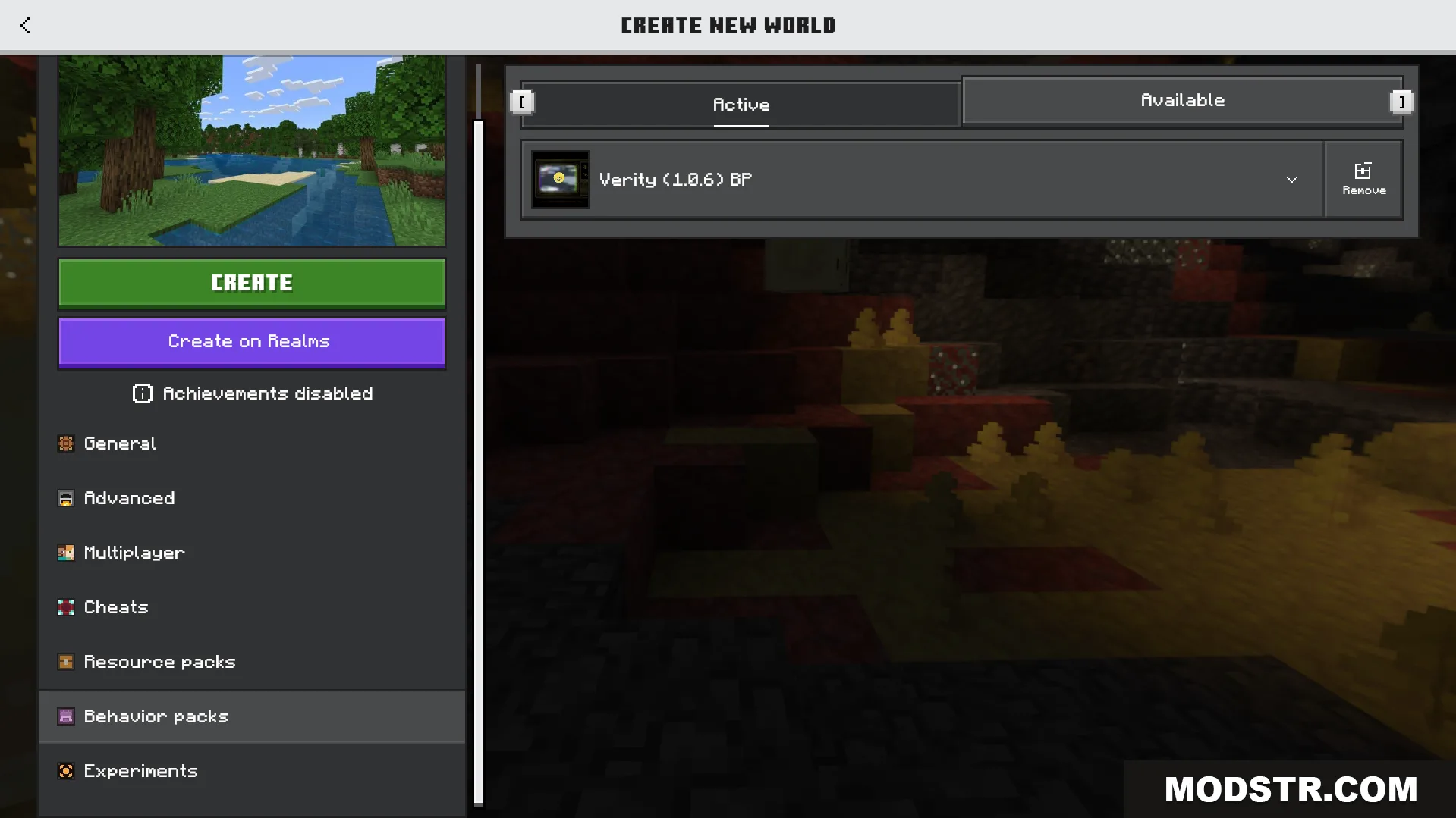 Verity BE Addon Screenshot 1 Activating the Verity behavior pack in the Minecraft world creation menu