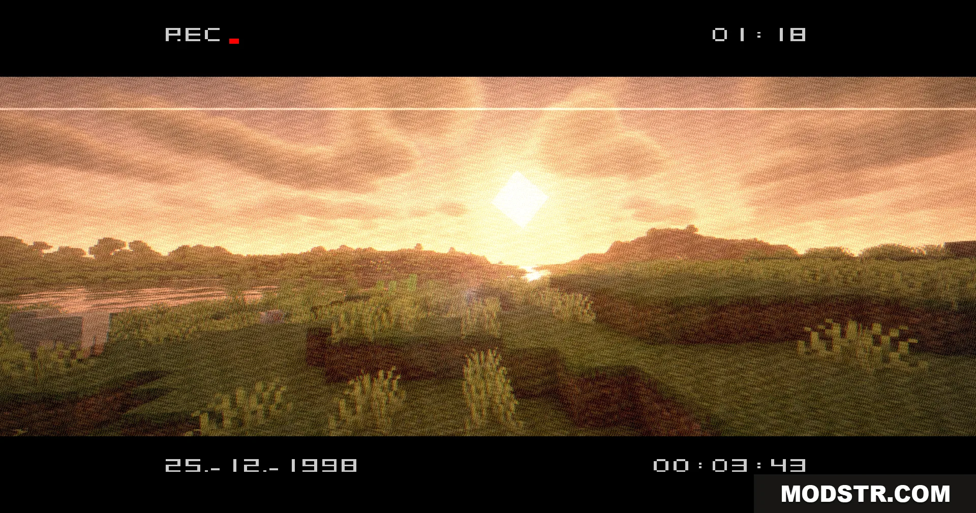 VHS X BSL Shaders Screenshot 2 Grassy Minecraft hills under a bright sun with a retro found footage filter