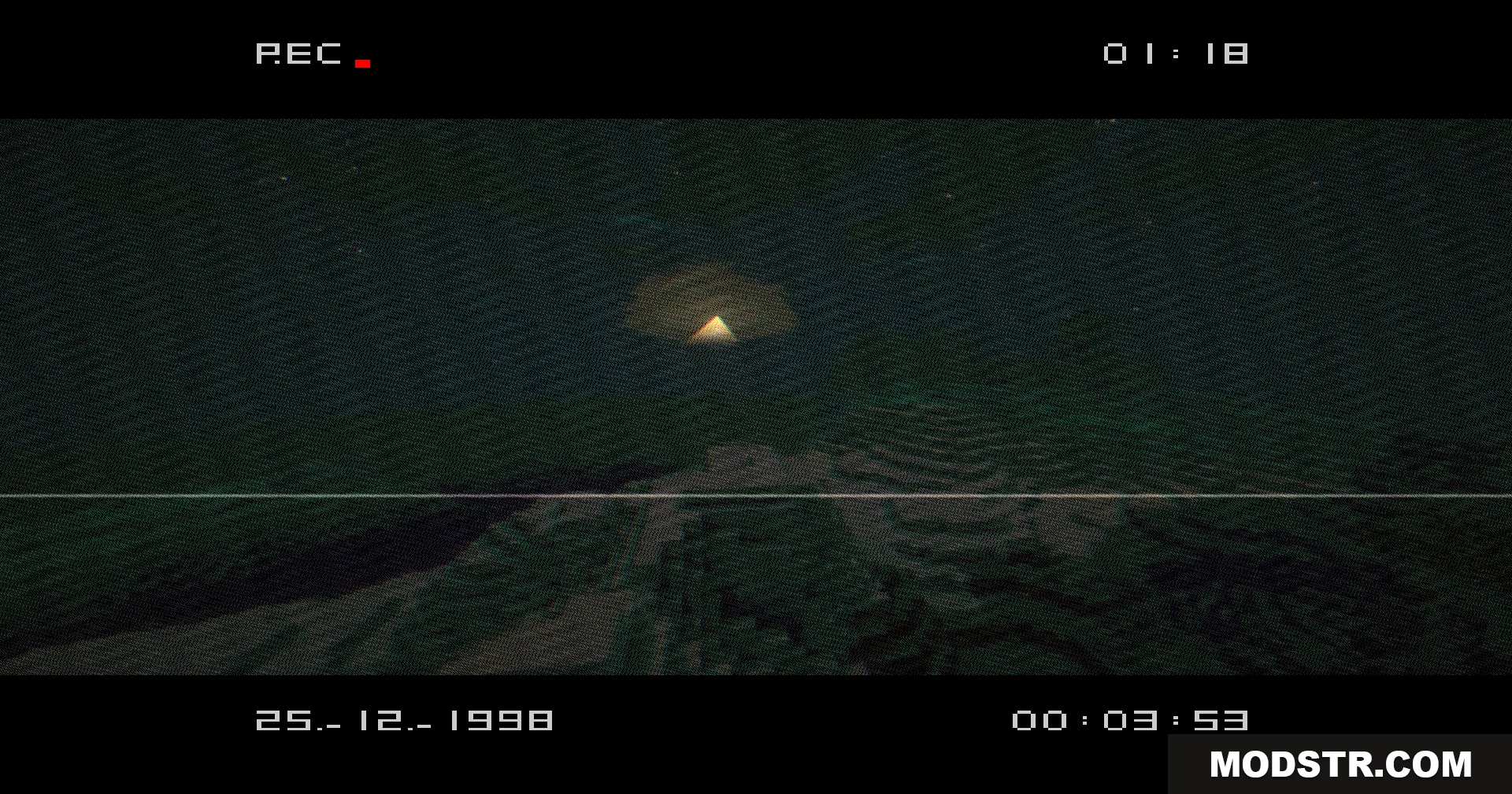 VHS X BSL Shaders Screenshot 4 A mysterious glowing pyramid seen at night through a grainy VHS lens