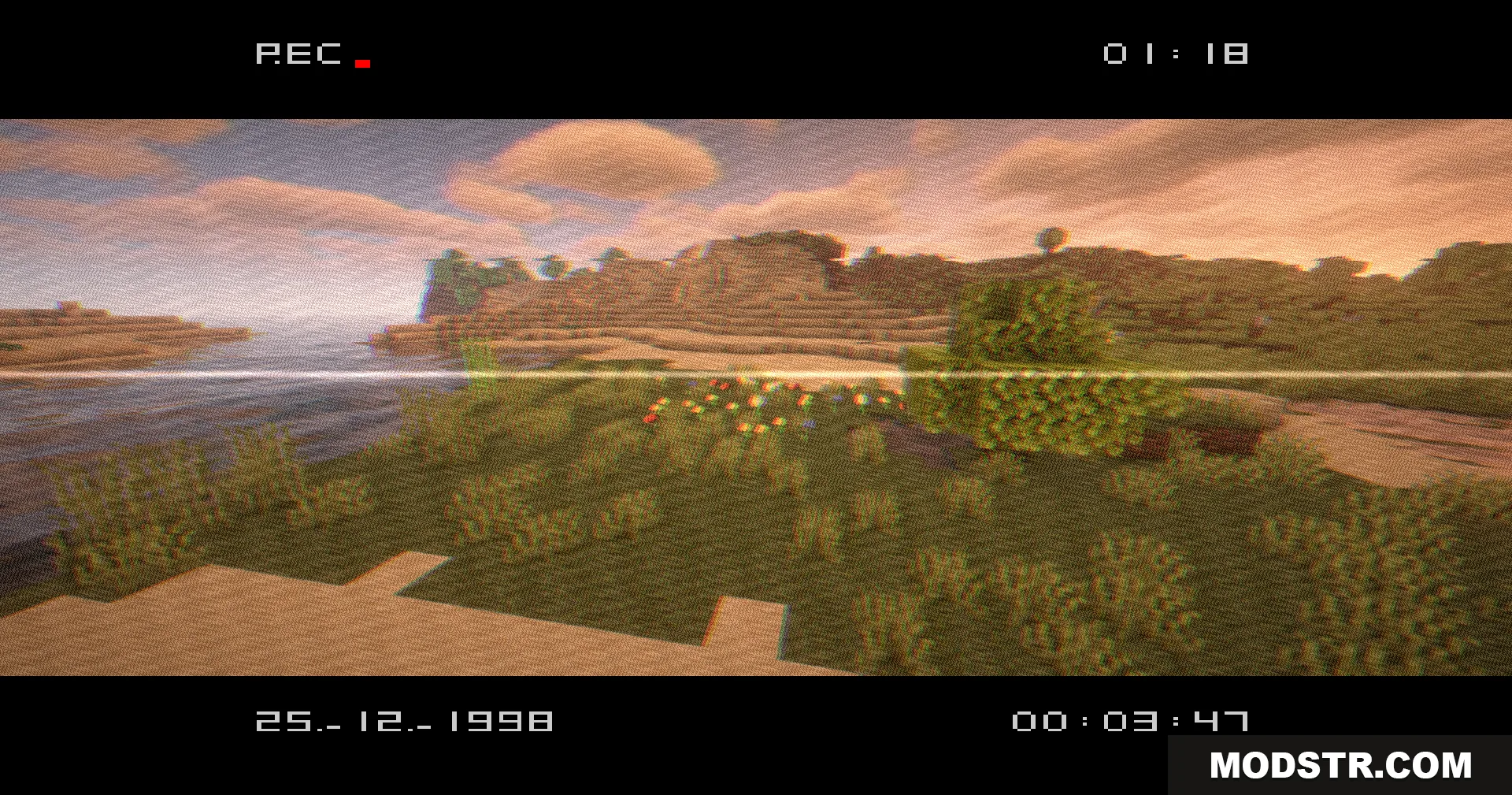 VHS X BSL Shaders Screenshot 3 A peaceful Minecraft landscape viewed through a retro VHS camcorder recording filter