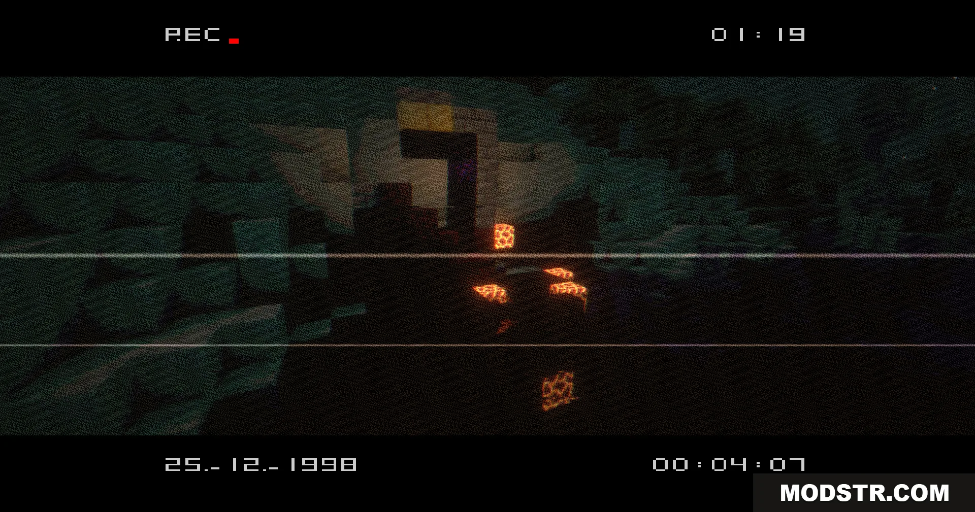 VHS X BSL Shaders Screenshot 7 A ruined portal glows in the dark forest with retro VHS camera effects