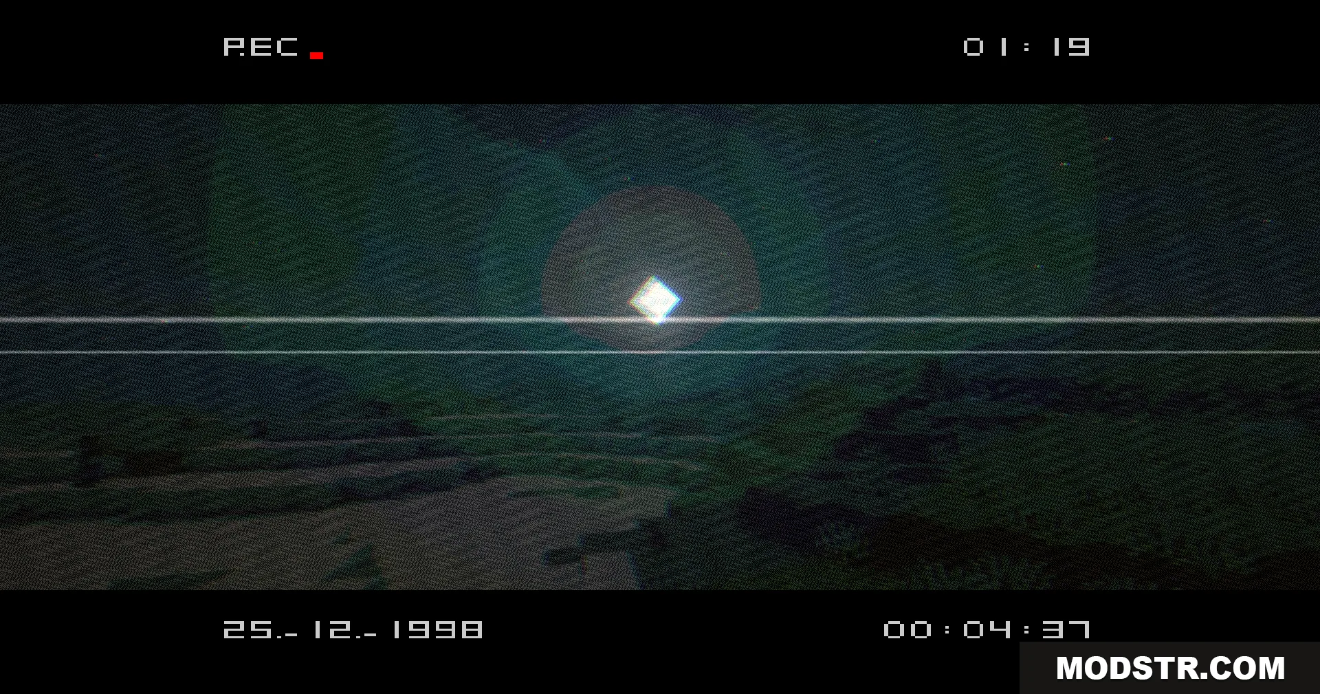 VHS X BSL Shaders Screenshot 10 Bright light source in the sky with horizontal scanlines and VHS distortion