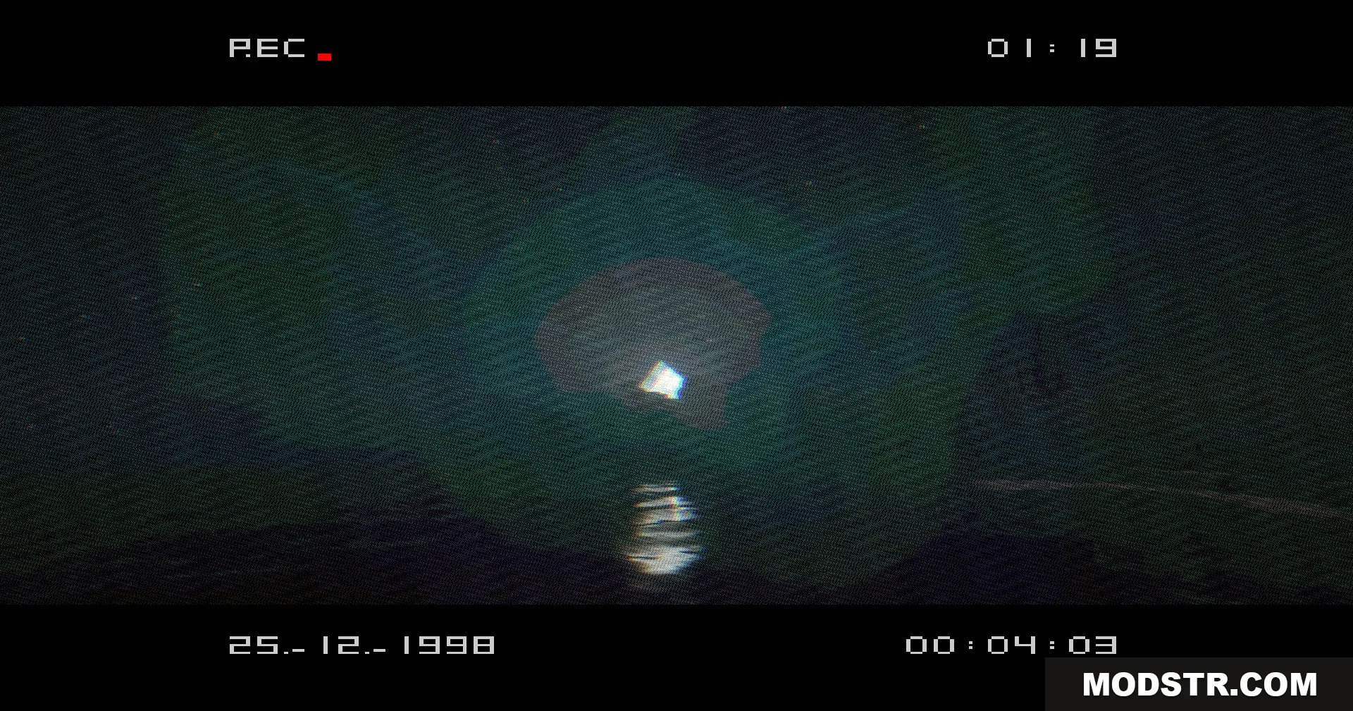 VHS X BSL Shaders Screenshot 6 Mysterious glowing cube reflecting on water with retro camcorder visual effects