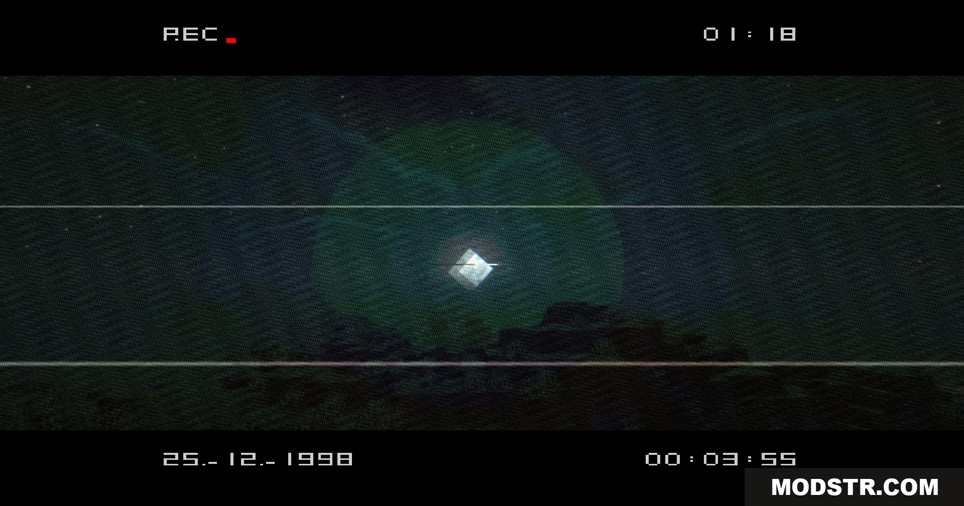 VHS X BSL Shaders Screenshot 5 VHS BSL Shaders showing a mysterious glowing cube in a dark world