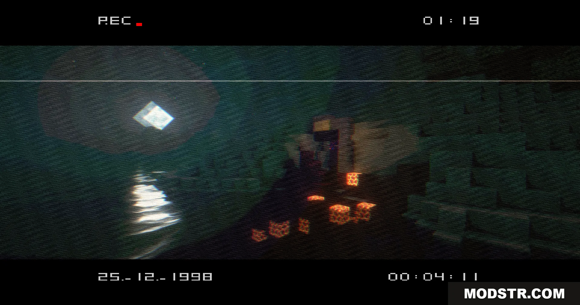 VHS X BSL Shaders Screenshot 8 The square moon reflects on water near a ruined portal with VHS filters