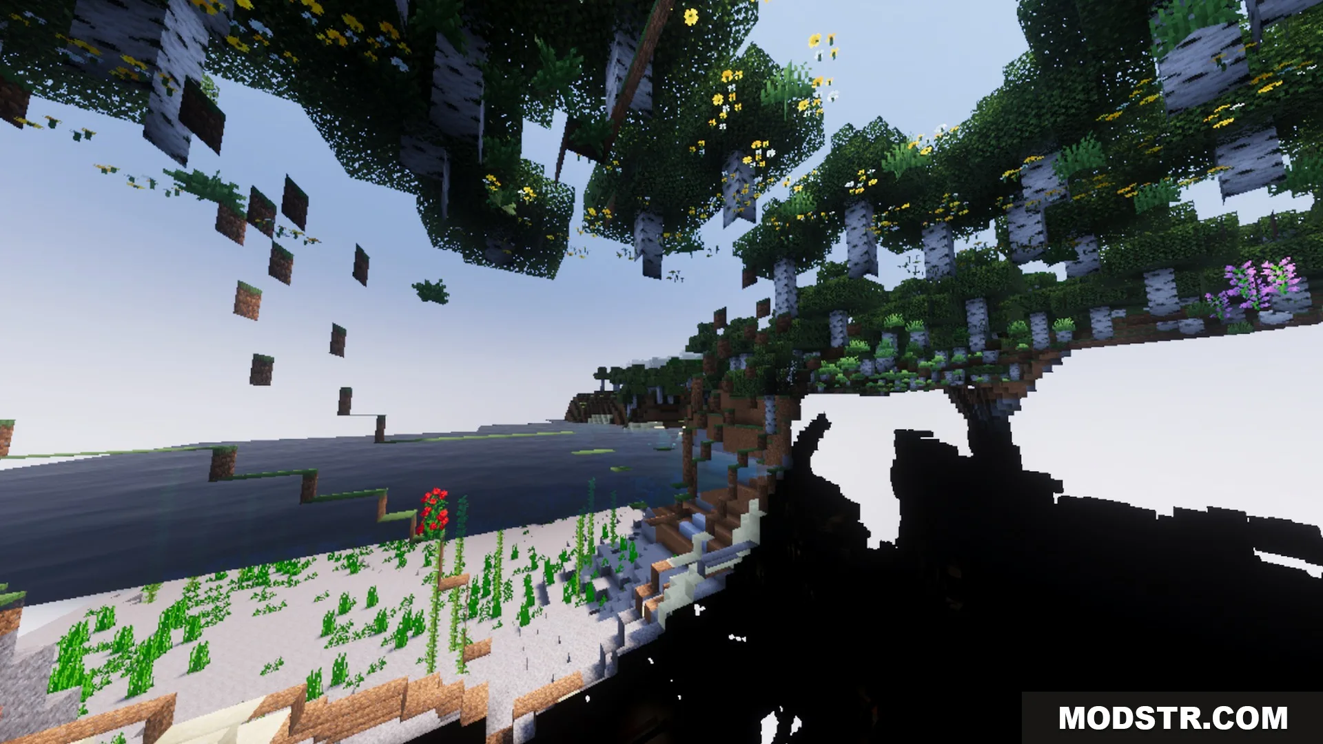Vibrant Legacy L Espace Shader Screenshot 4 Lush birch trees and flowers grow on floating Minecraft islands over water