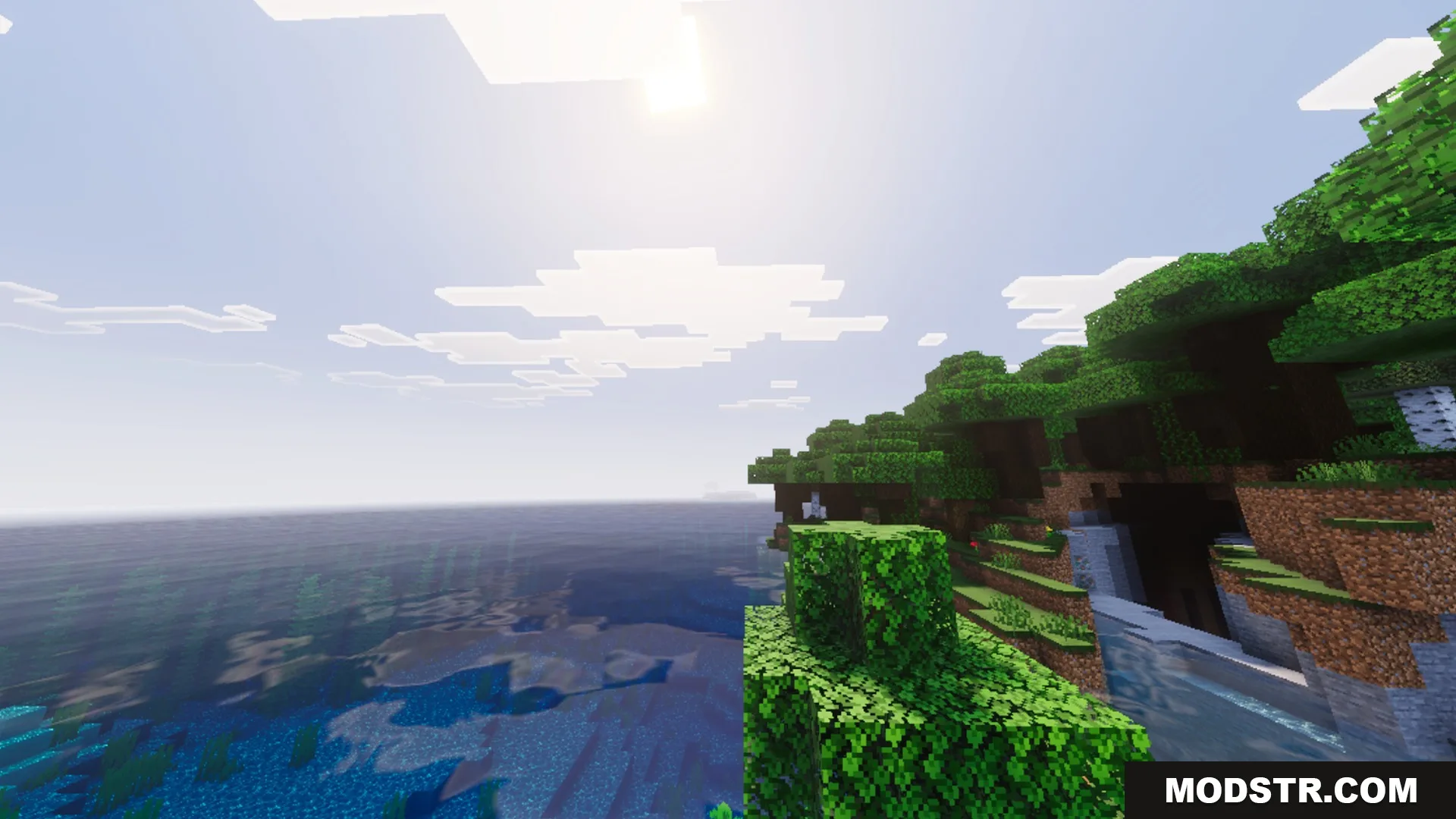 Vibrant Legacy L Espace Shader Screenshot 2 Lush green trees on a cliff overlooking a bright blue ocean in Minecraft