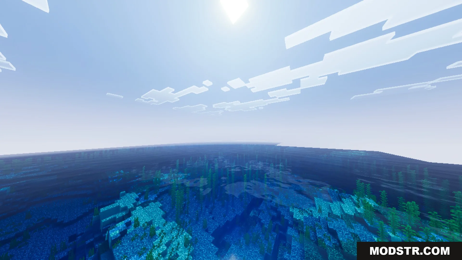 Vibrant Legacy L Espace Shader Screenshot 1 A vast blue ocean with clear water and kelp under a bright sun