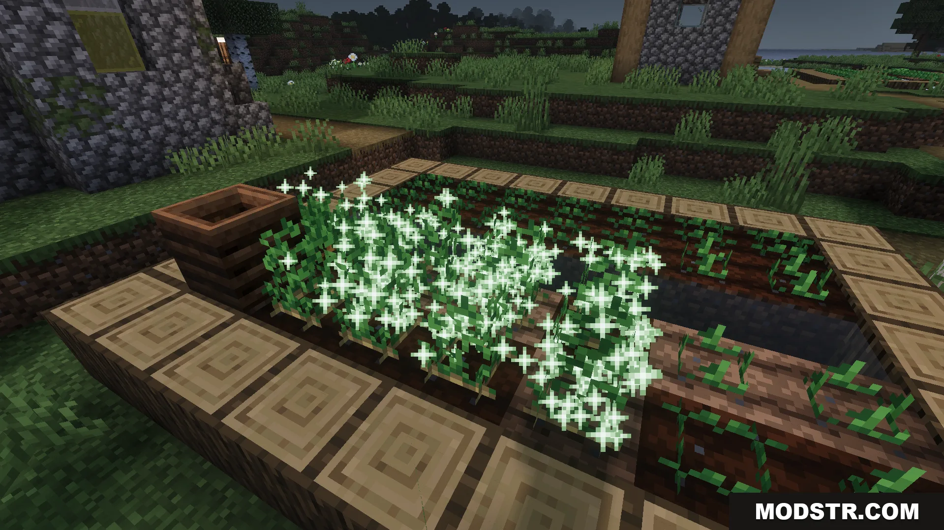 Glowing white particles over a farm plot with dark eerie shader lighting effects