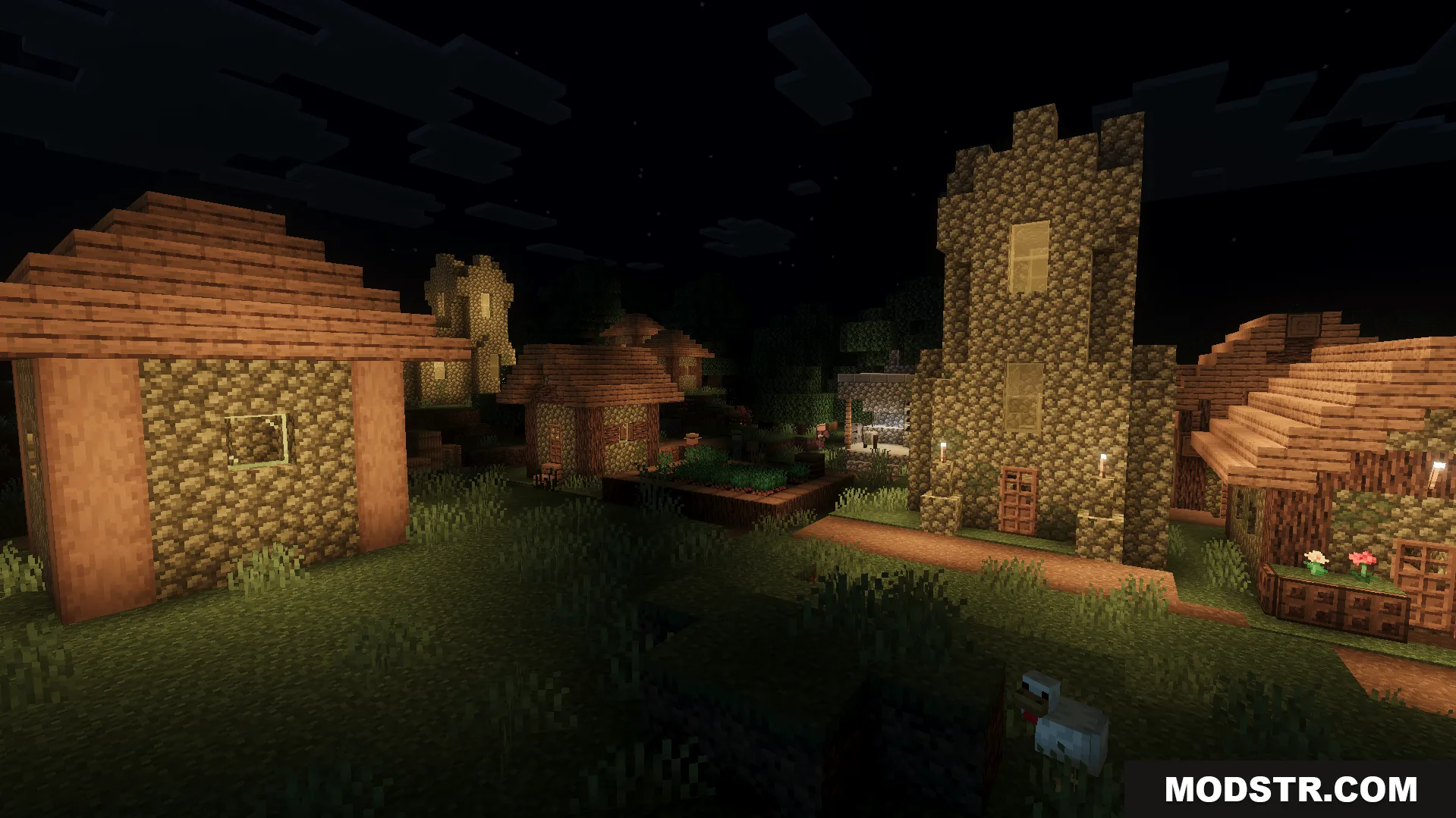 Eerie village buildings at night with dark horror themed lighting and shadows