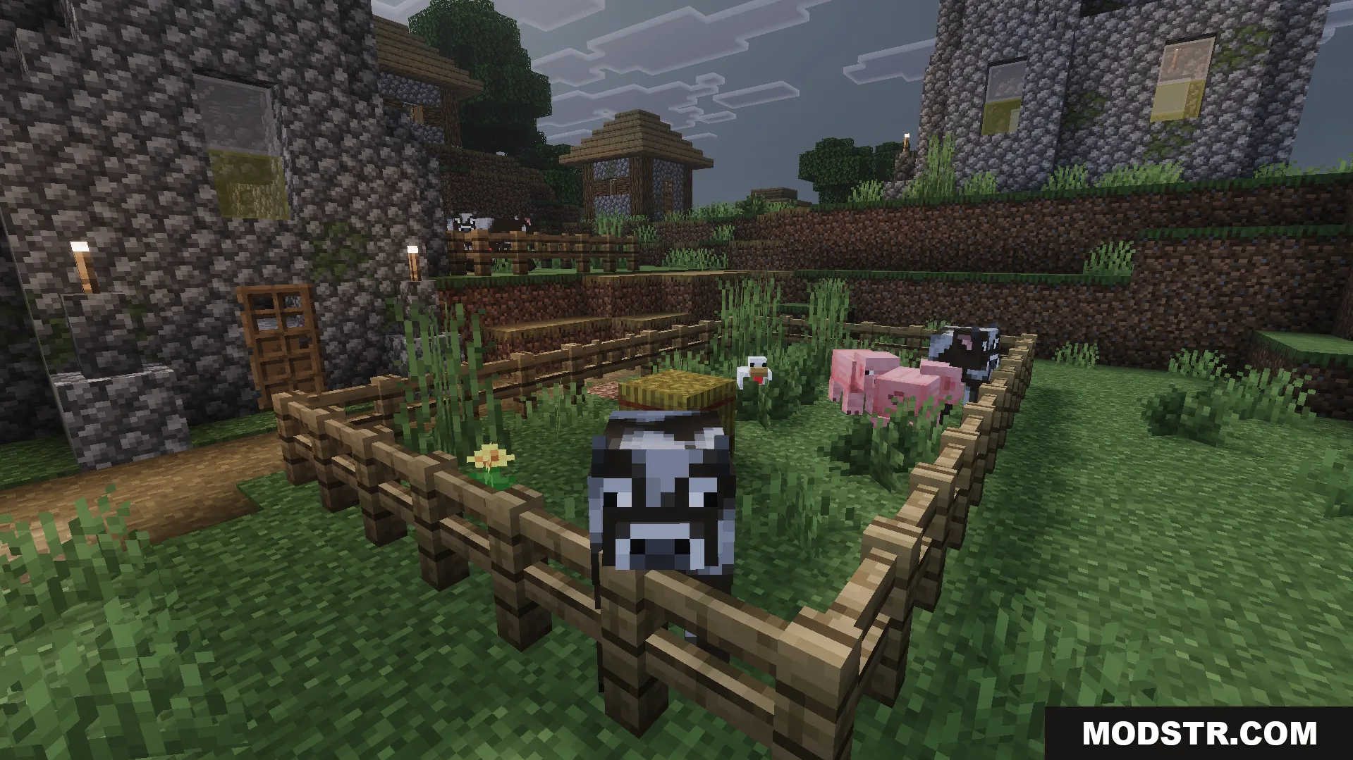 Cows and pigs in a wooden fence pen with dark eerie shader lighting