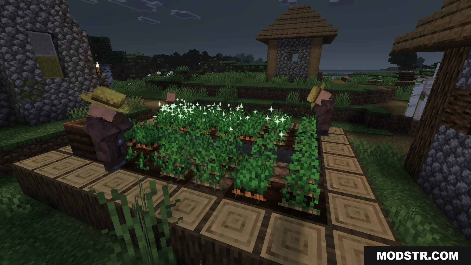 Villagers farming crops at night with Vibrant Legacy Uncanny Rewrite Shader effects