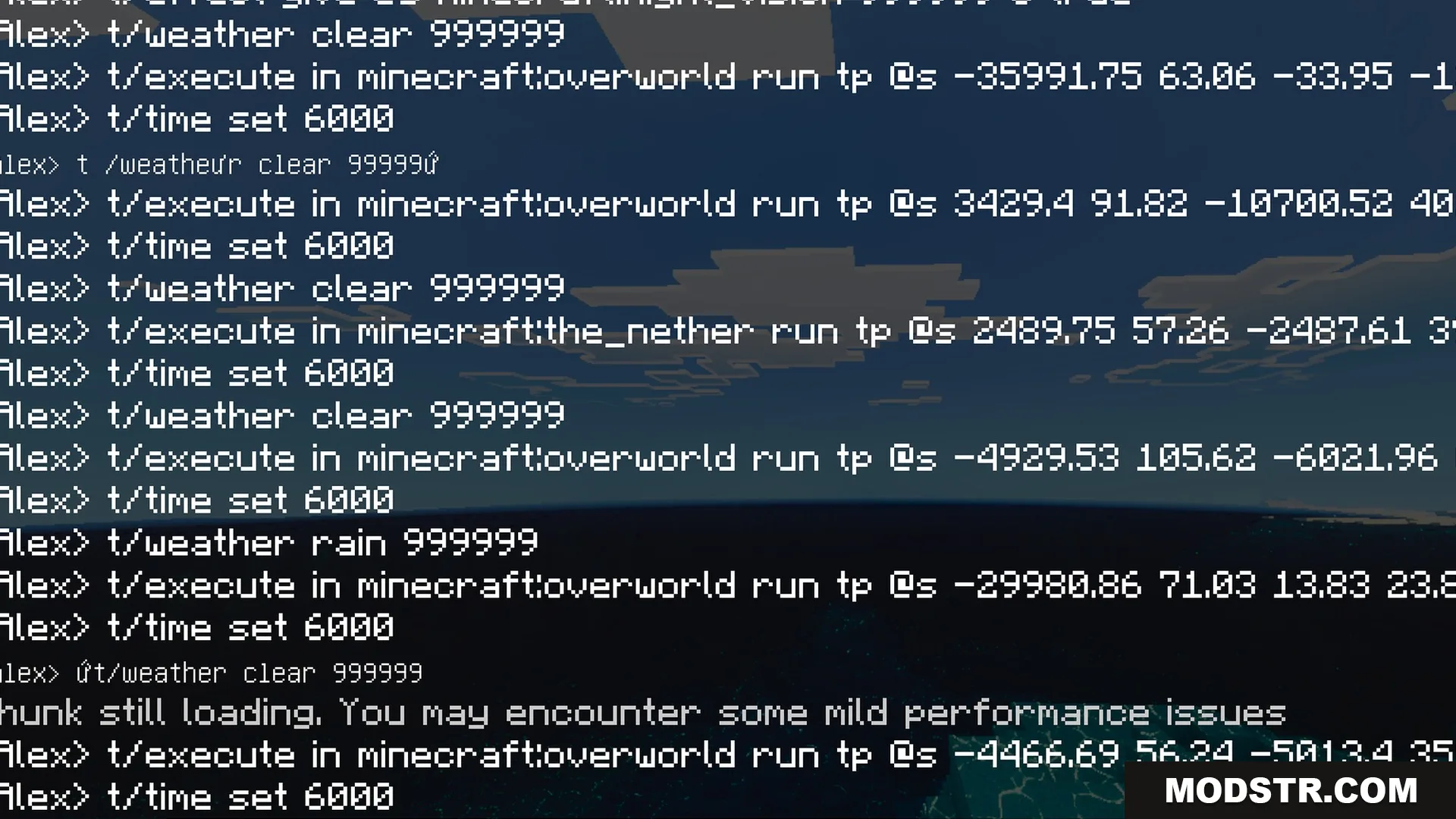Vibrant Rtx Visuals Shader Screenshot 1 Minecraft chat screen showing teleportation and weather commands over a dark background