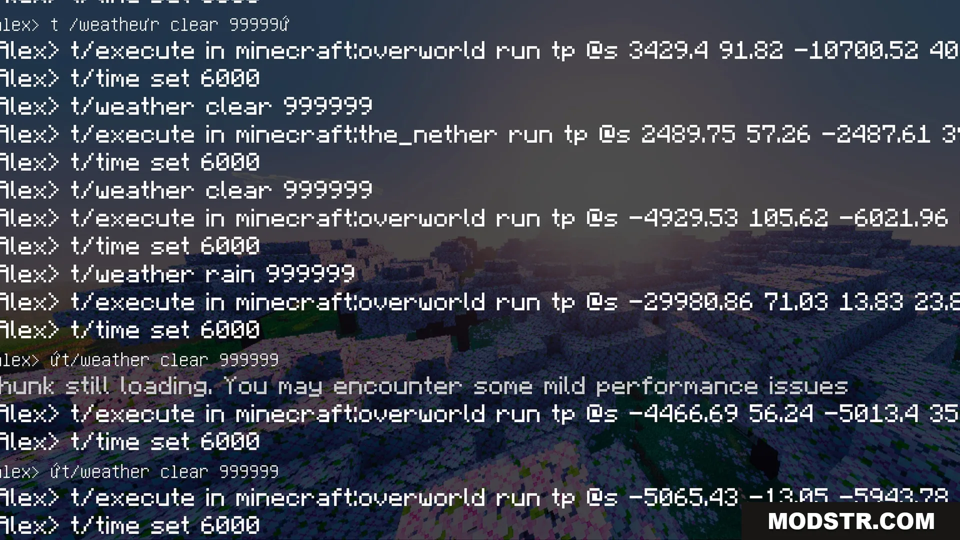 Vibrant Rtx Visuals Shader Screenshot 2 Minecraft chat log showing commands over a landscape with bright saturated grass colors