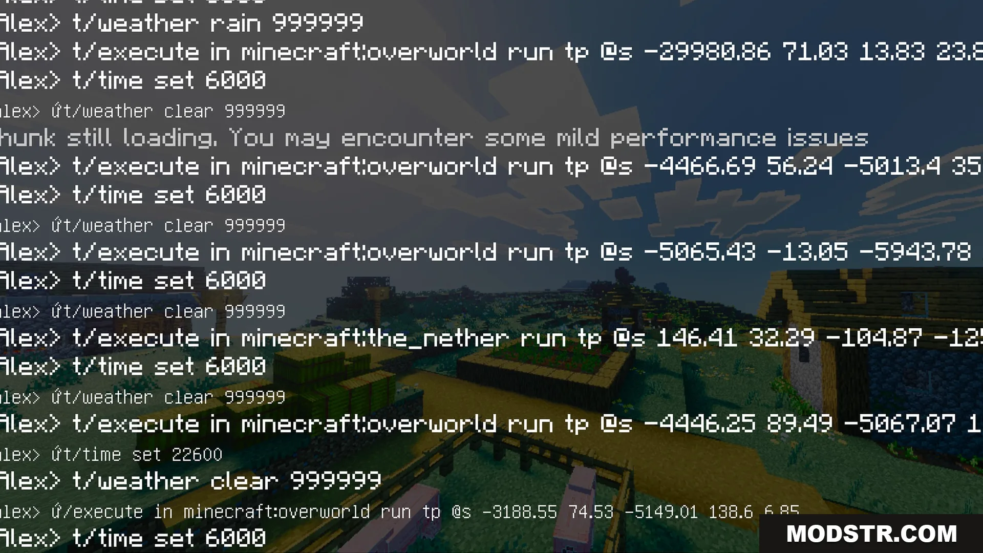 Vibrant Rtx Visuals Shader Screenshot 6 Chat commands displayed over a village with vibrant grass and clear blue sky