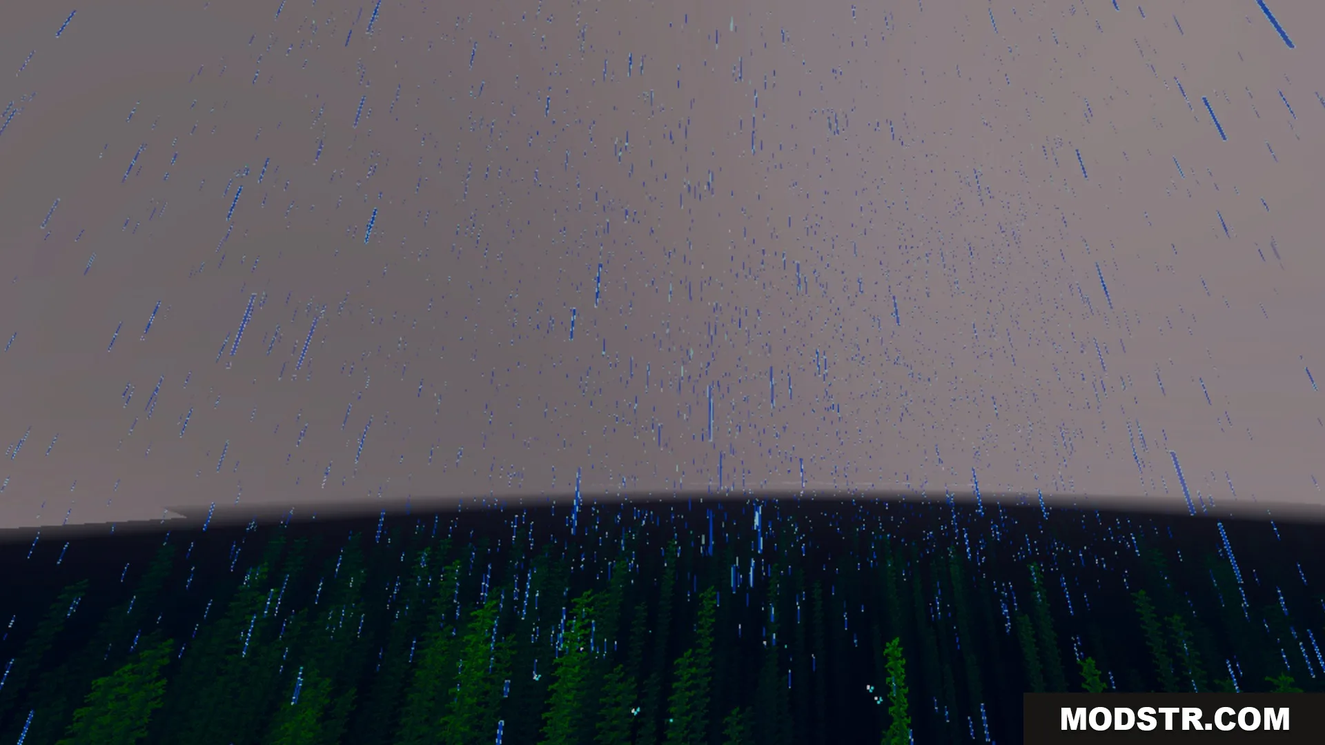 Vibrant Rtx Visuals Shader Screenshot 10 Heavy blue rain falling over a dark green forest in Minecraft
