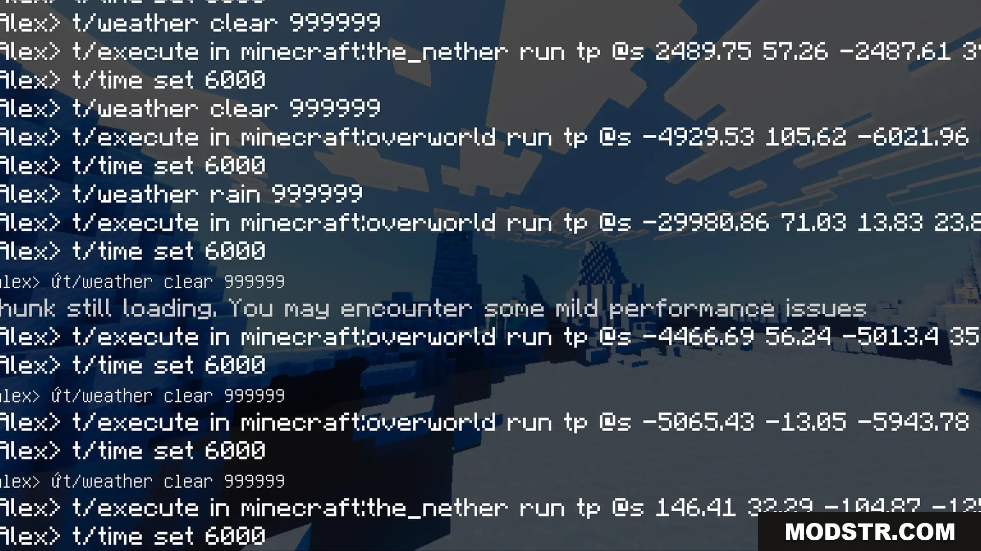 Vibrant Rtx Visuals Shader Screenshot 3 Minecraft chat log showing teleport and weather commands over a dark landscape