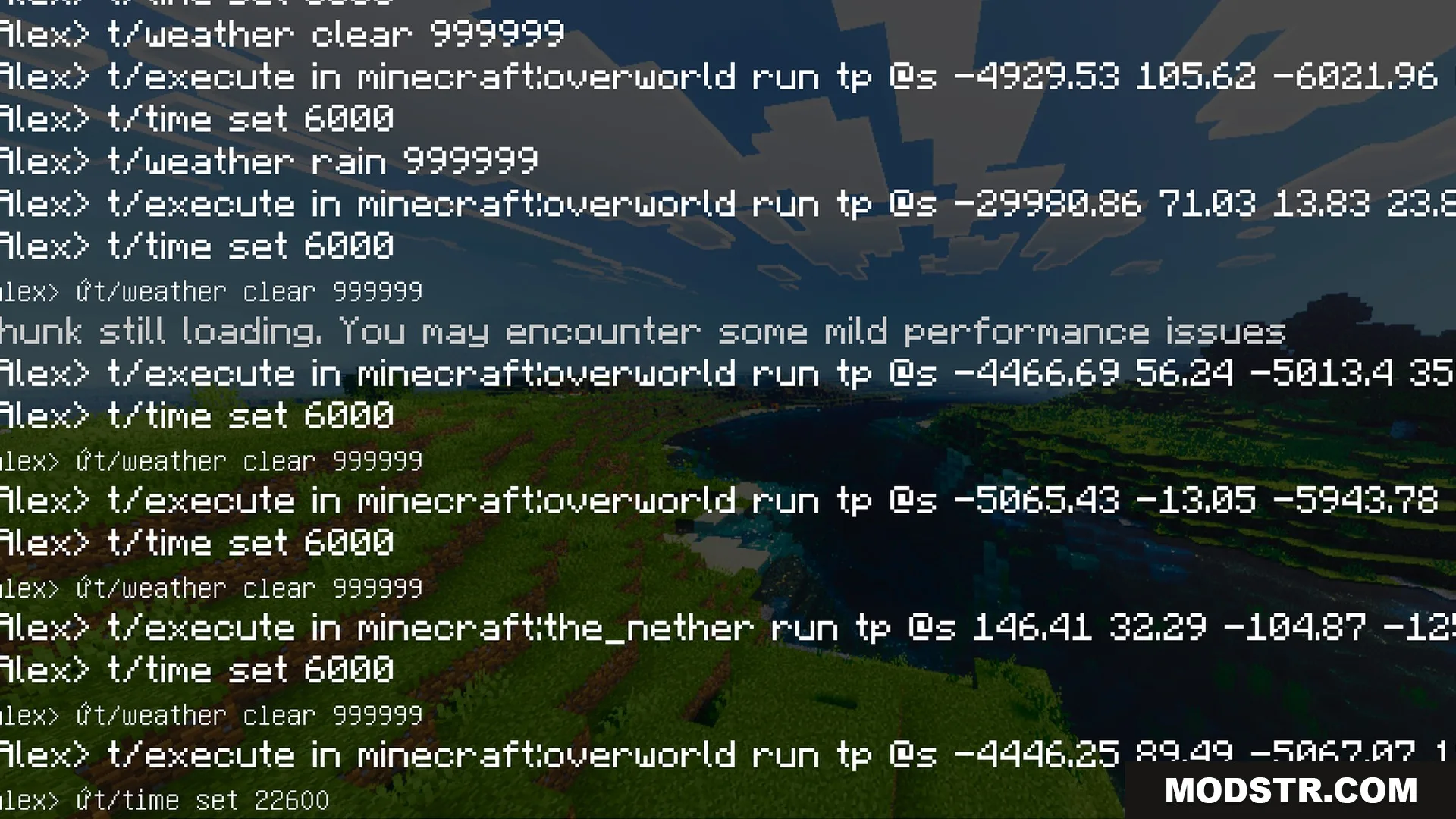 Vibrant Rtx Visuals Shader Screenshot 5 Minecraft chat log showing teleport and weather commands over a green valley