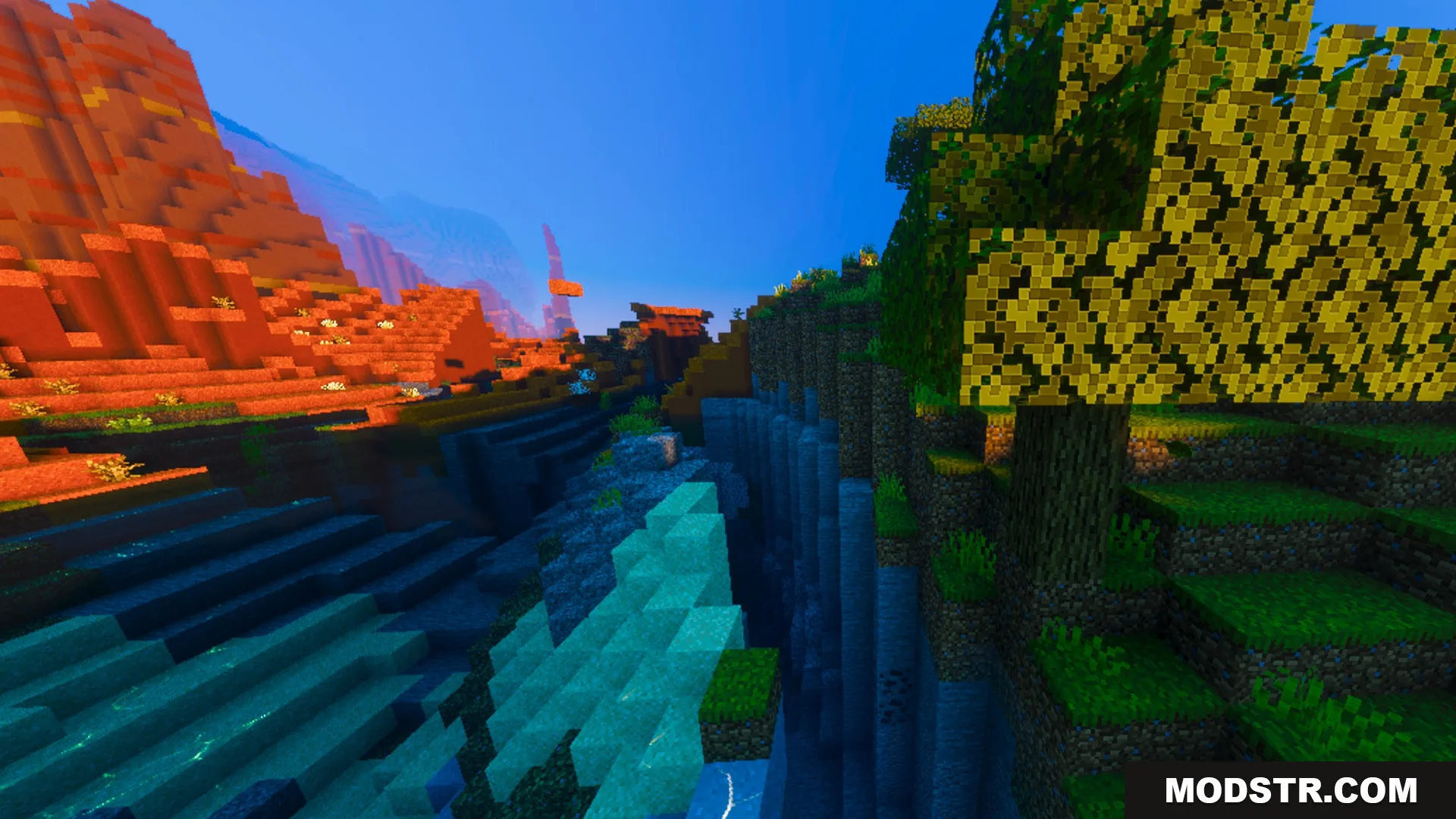Vibrant Rtx Visuals Shader Screenshot 9 A colorful Minecraft landscape with red mesa mountains and green forest trees