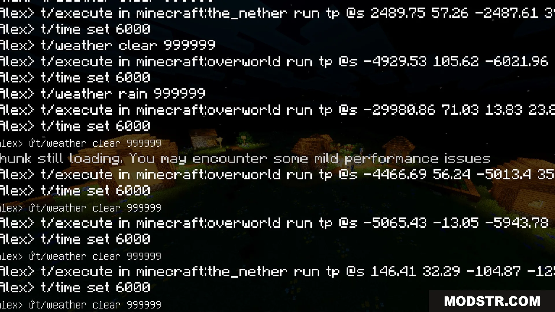 Vibrant Rtx Visuals Shader Screenshot 4 Minecraft chat log showing teleport and weather commands over a vibrant village