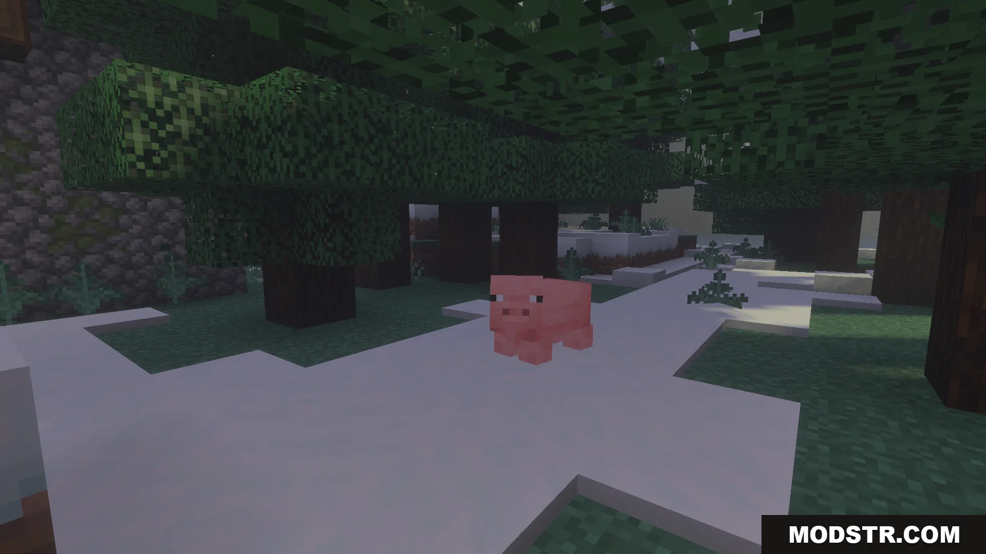 Vibrant Shader Screenshot 6 Pig standing under green trees in a more colorful forest biome