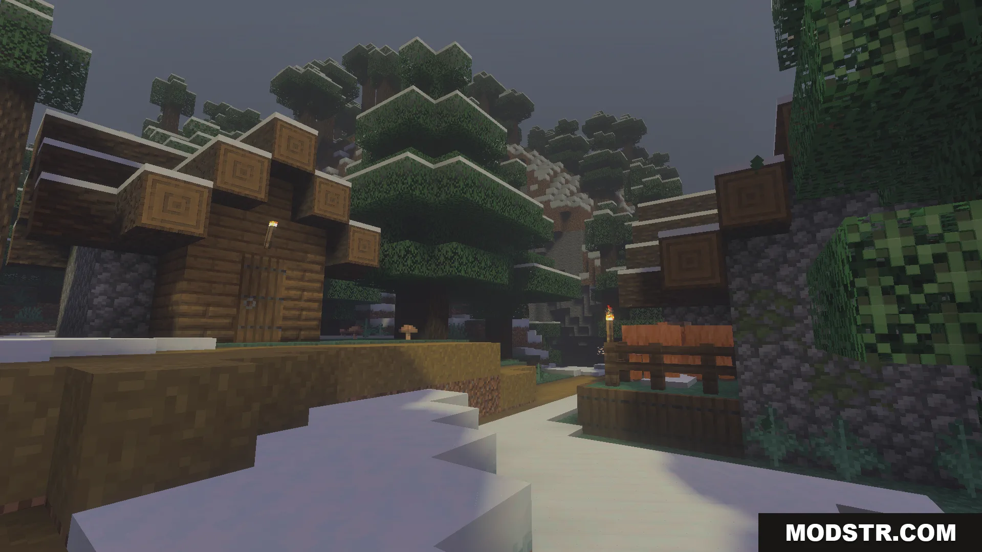 Vibrant Shader Screenshot 7 Snowy village with wooden houses and pine trees