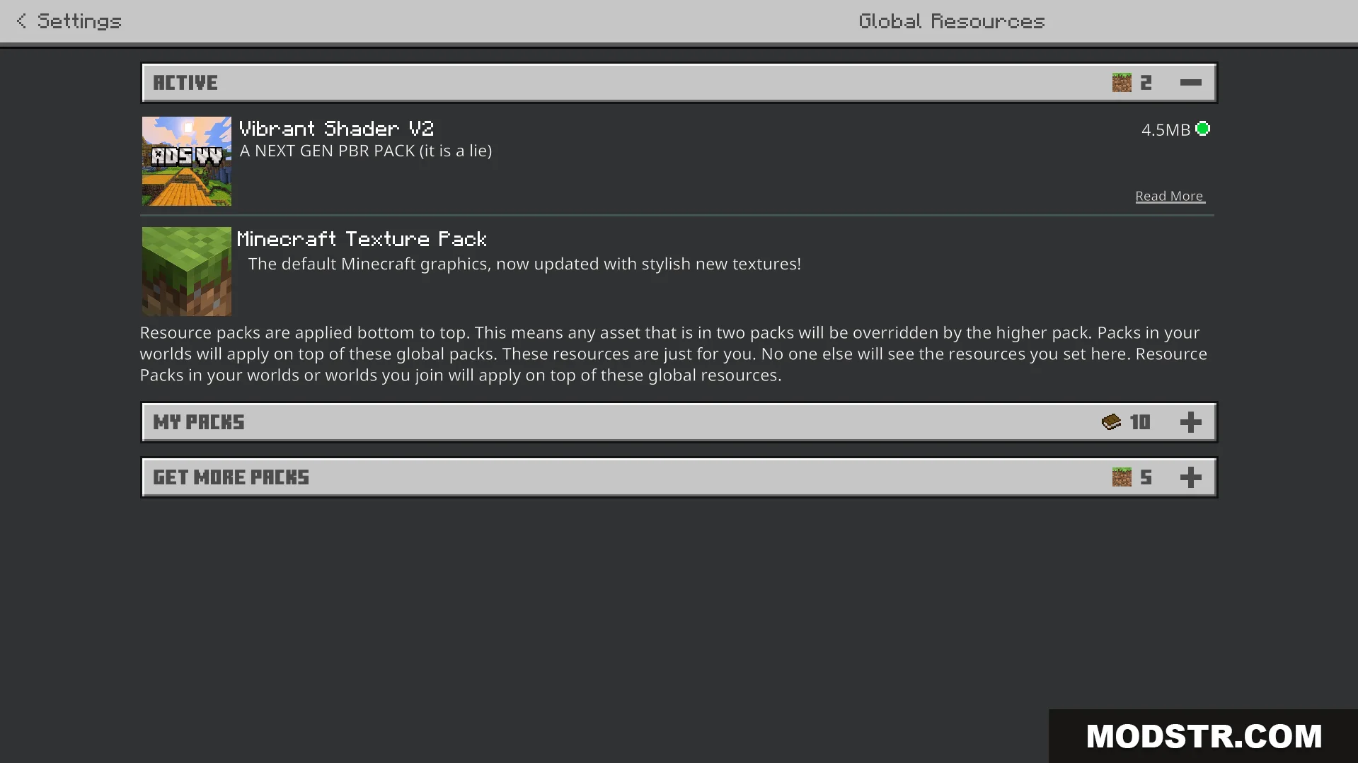 Vibrant Shader Screenshot 1 Settings menu showing active global resources with Vibrant Shader V2 selected