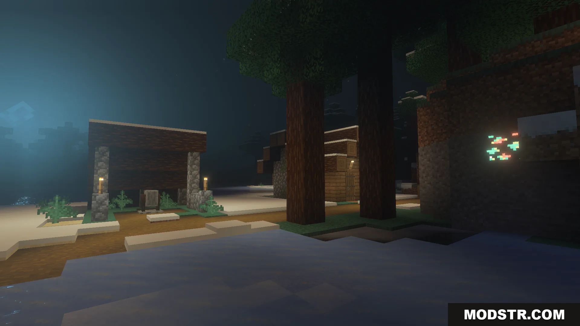 Vibrant Shader Screenshot 3 Nighttime view of a village with glowing ores and lanterns