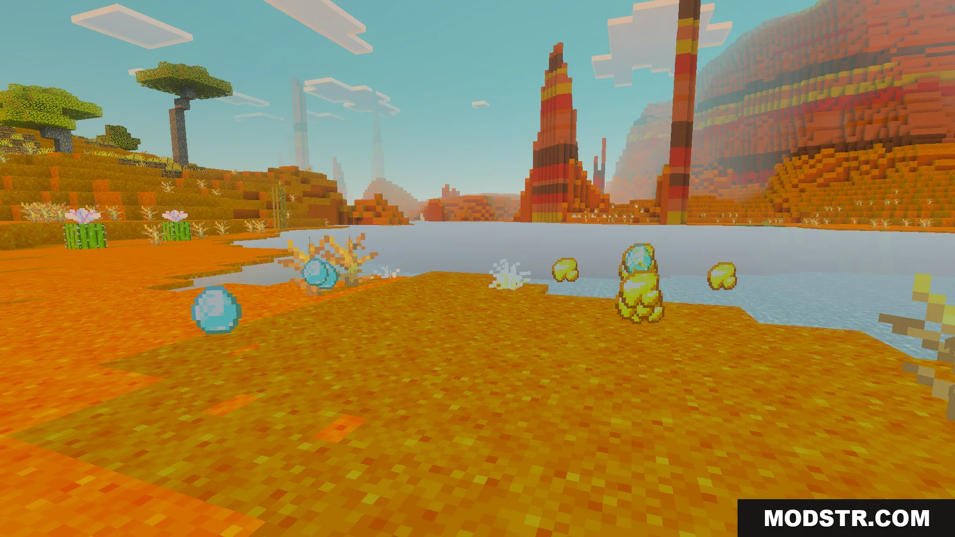 Vibrant Visual Shader Screenshot 2 Bright and colorful mesa biome landscape with floating diamond and gold items