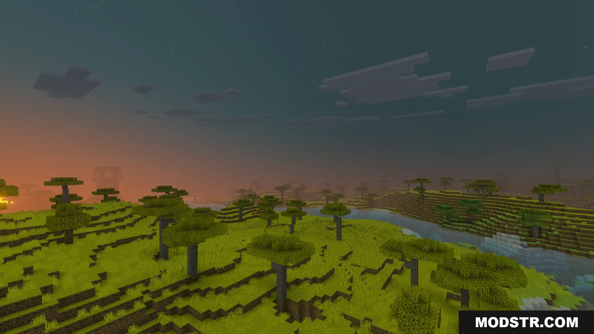 Vibrant Visual Shader Screenshot 6 A peaceful savanna landscape at dusk with a river and acacia trees