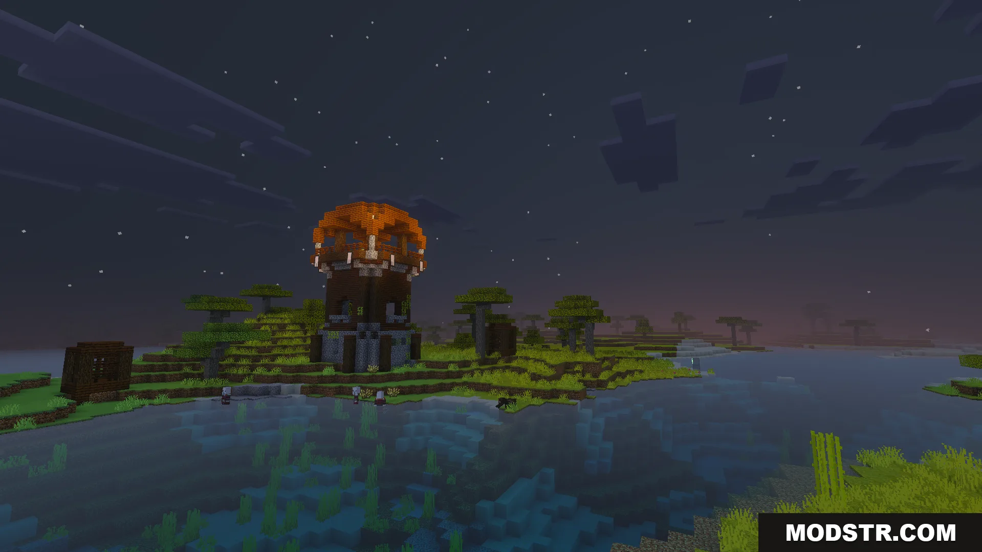 Vibrant Visual Shader Screenshot 8 Pillager outpost near a river at night with bright and dynamic colors