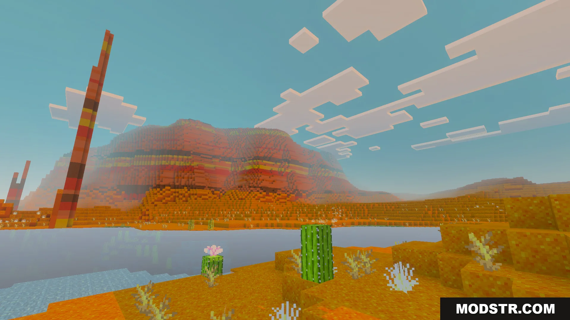 Vibrant Visual Shader Screenshot 4 Warm sunset lighting over a mesa biome with terracotta mountains and cacti