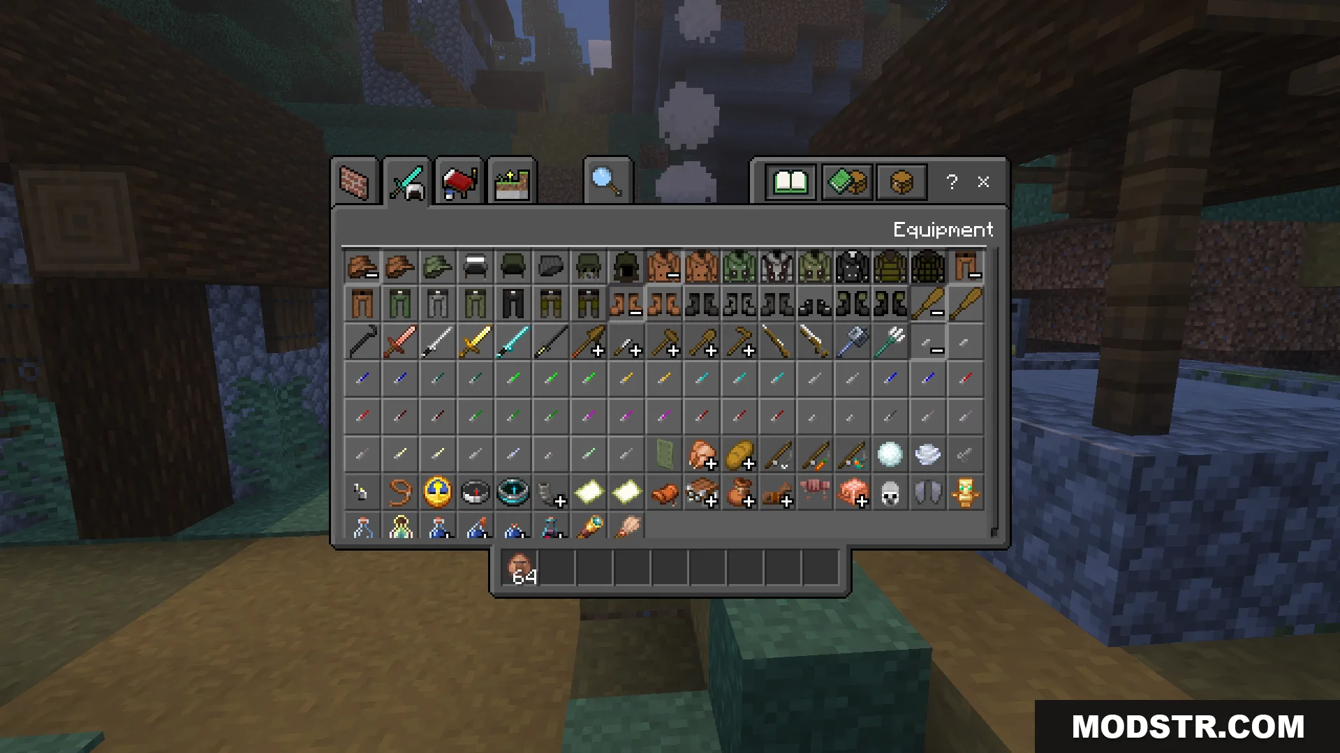 Village Girls TP Texture Pack Screenshot 5 Creative inventory displaying military armor sets and industrial firearms in Minecraft