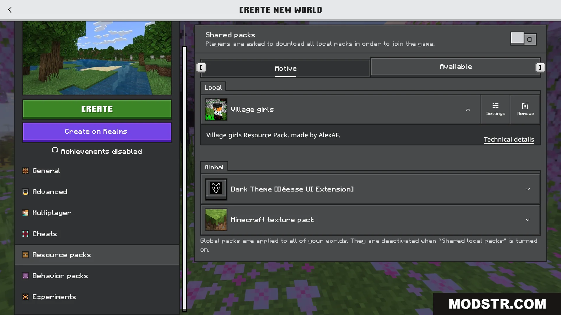 Village Girls TP Texture Pack Screenshot 1 Minecraft world creation screen with the Village girls resource pack active