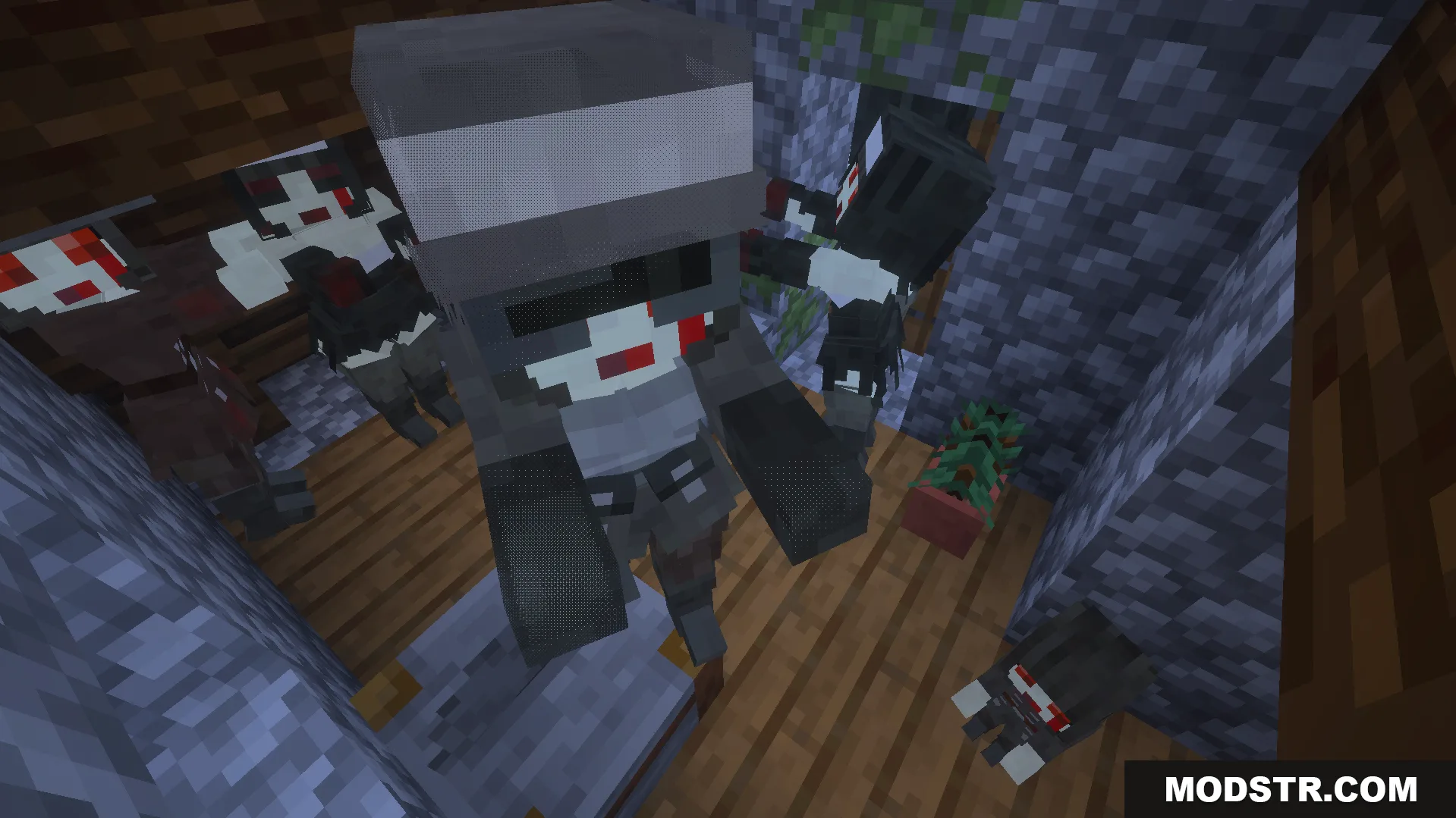 Village Girls TP Texture Pack Screenshot 10 Female zombie characters wearing new custom armor sets inside a cobblestone building