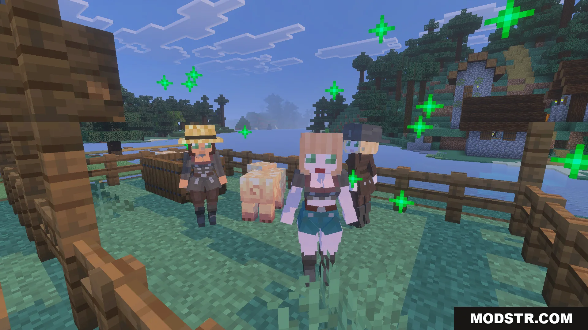 Village Girls TP Texture Pack Screenshot 4 Multiple female villagers stand inside a wooden fence with a pig and particles