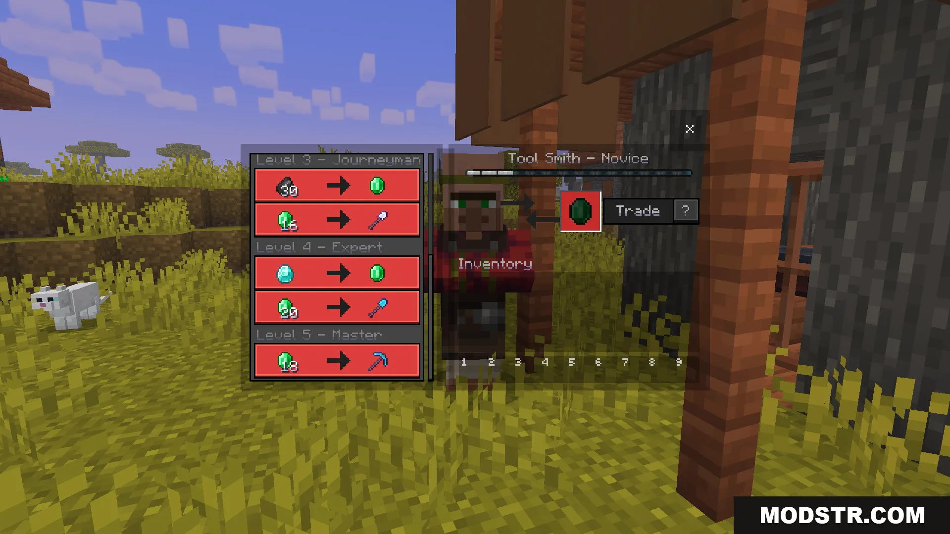 trading interface showing villager leveling up through a profession system
