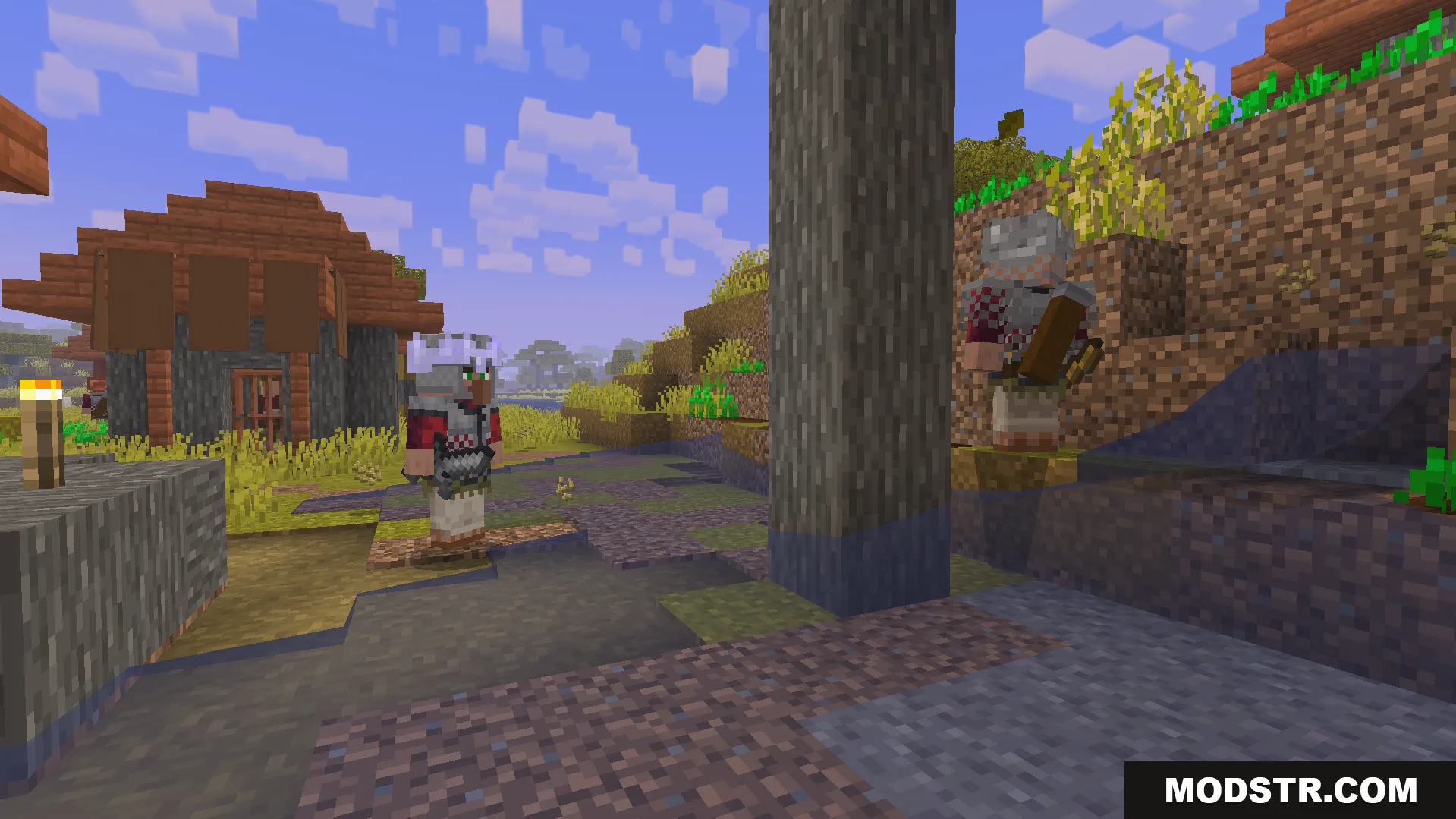 Two armored villagers stand guard in a village near a tree