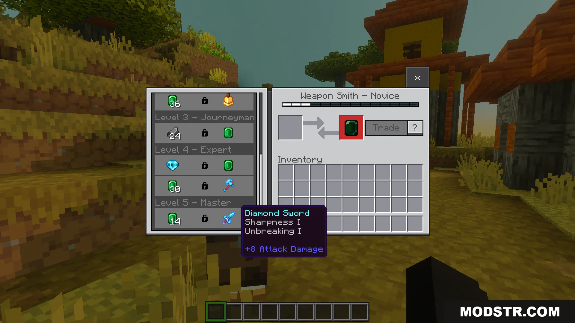 Weapon Smith villager trading menu showing locked Diamond Sword trade
