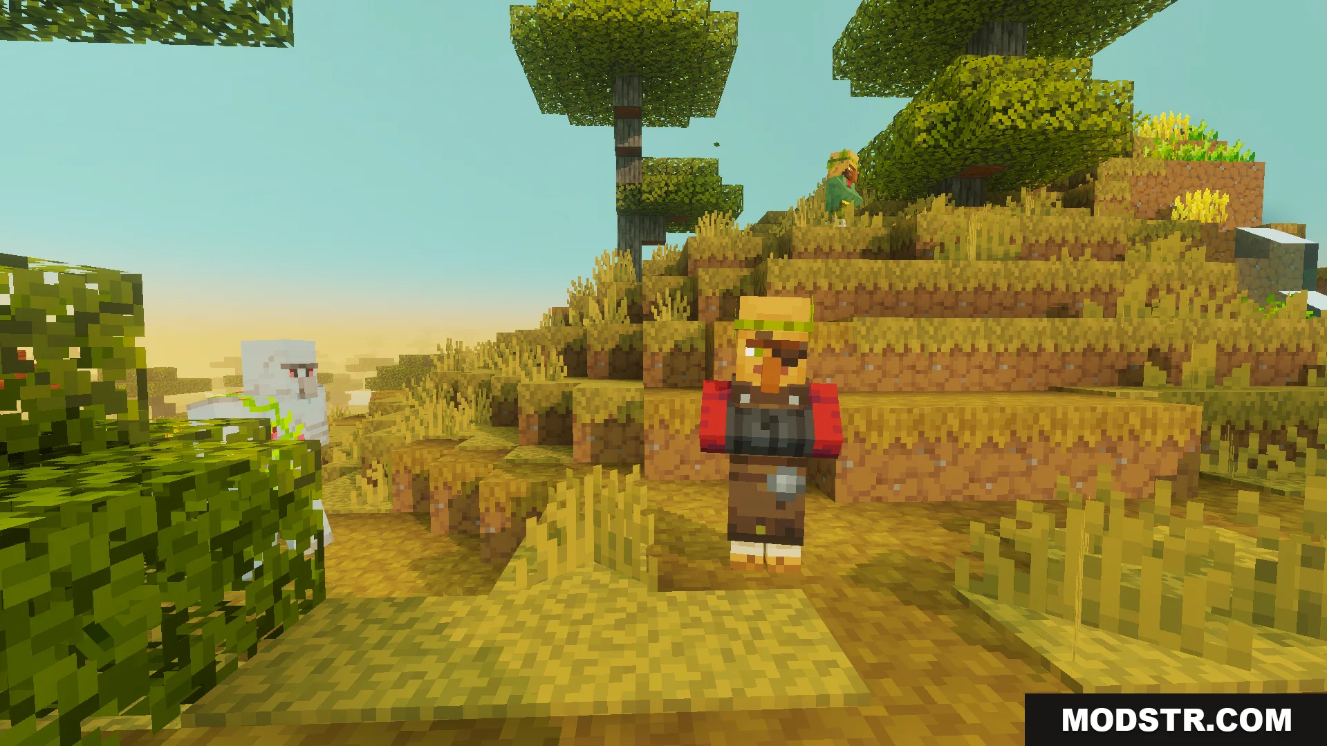 A villager stands in a savanna biome with an iron golem nearby