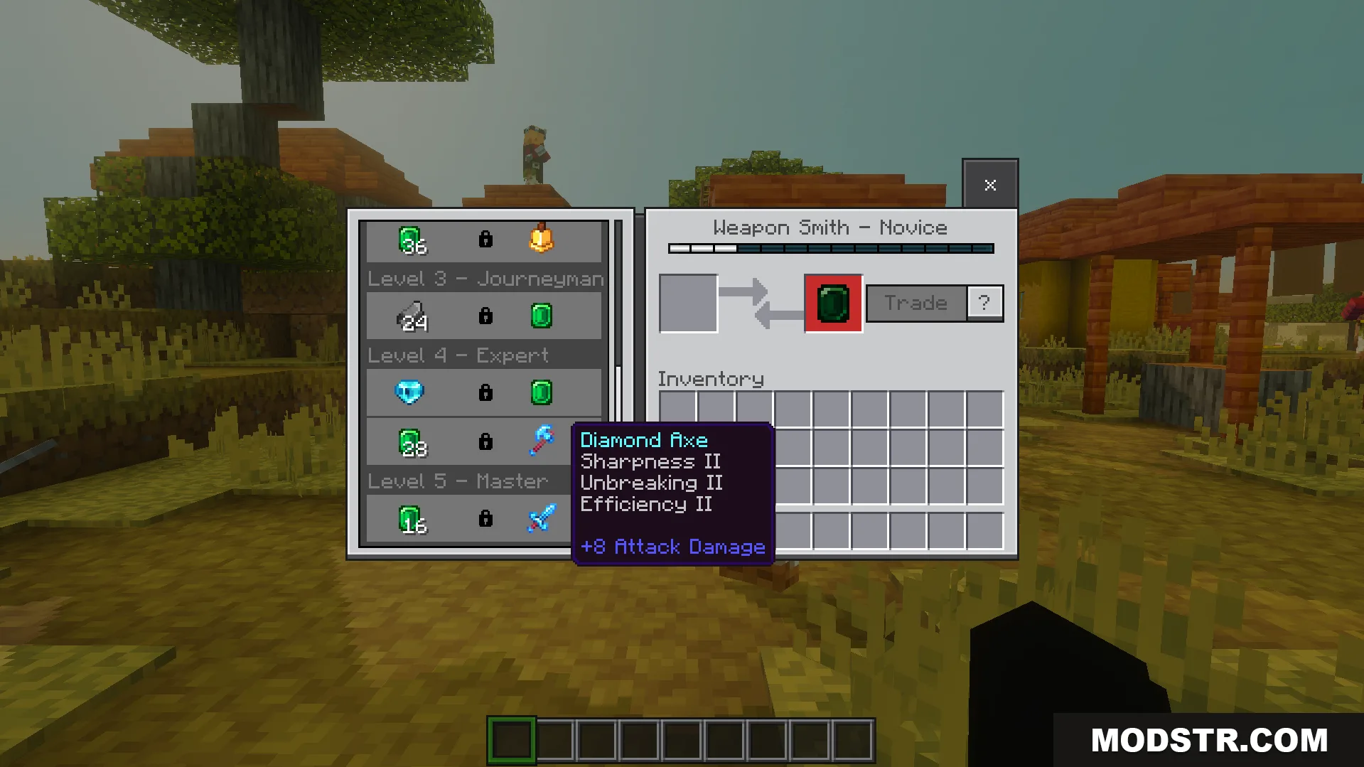 Villager trading menu showing all locked trades from level two to five instantly