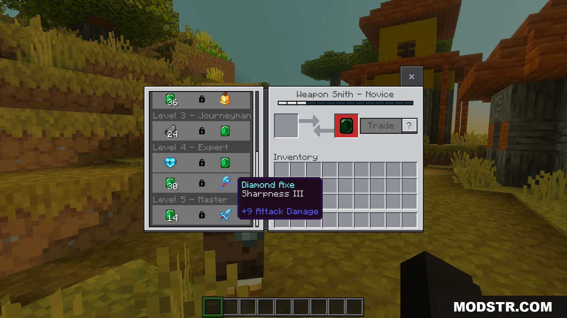 Weapon Smith villager trading menu showing locked Diamond Axe trade