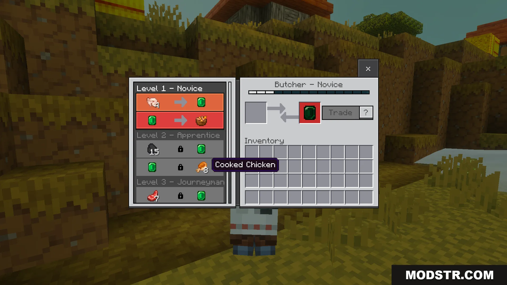 Villager trading menu displaying locked future trades without spending emeralds