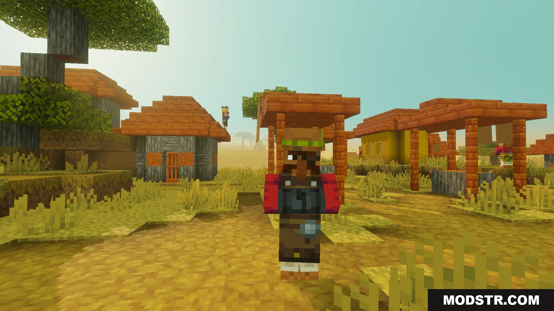 Weaponsmith villager standing in a savanna village ready to show future trades