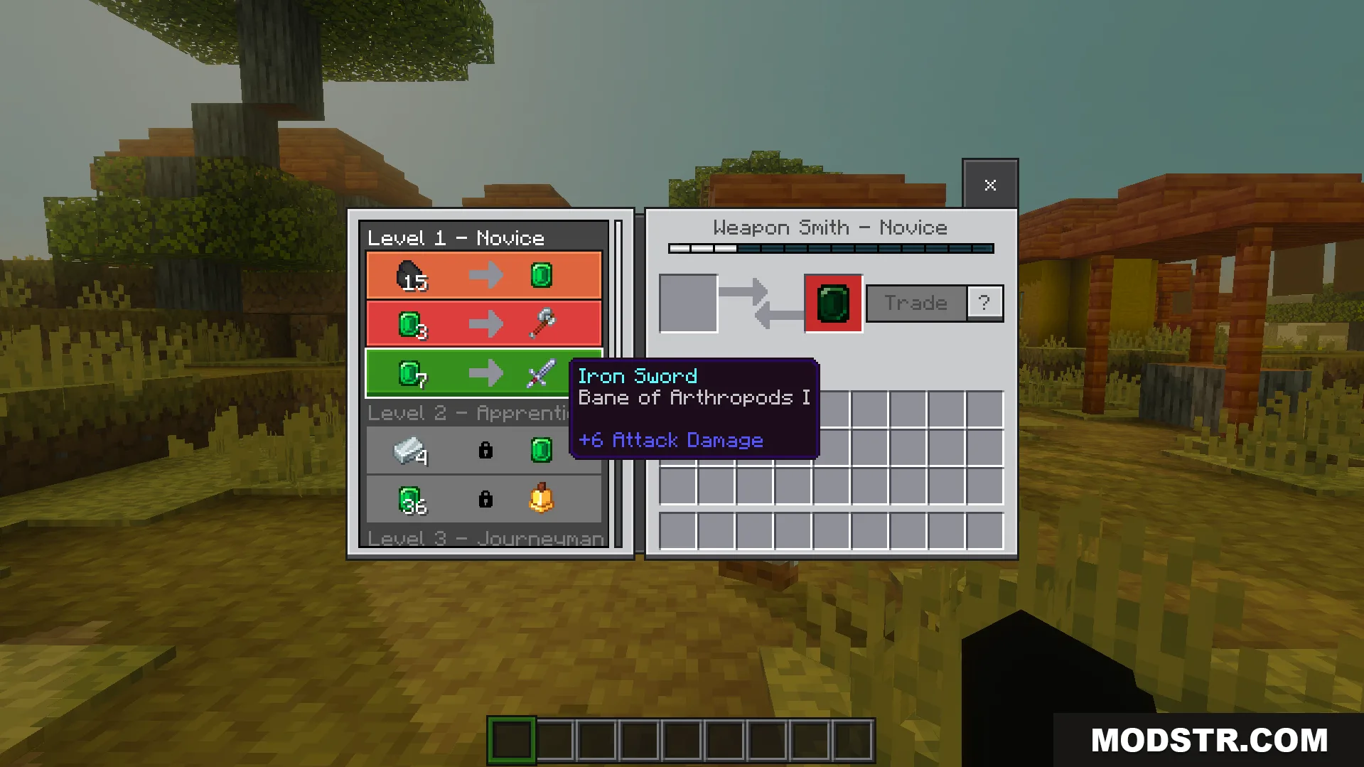 Weapon smith trading menu displaying locked future trades visible before spending emeralds