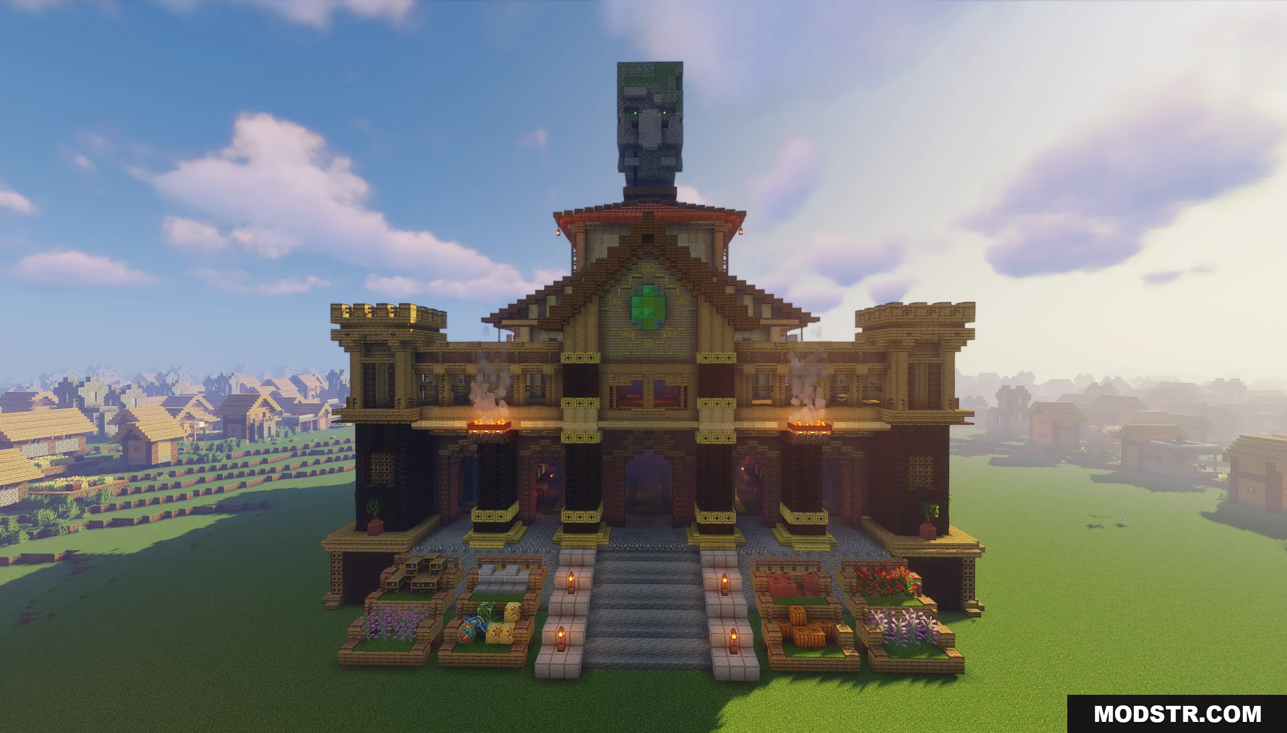Villager Trading Hall Map Screenshot 1 Front view of a large villager trading hall with a giant head statue