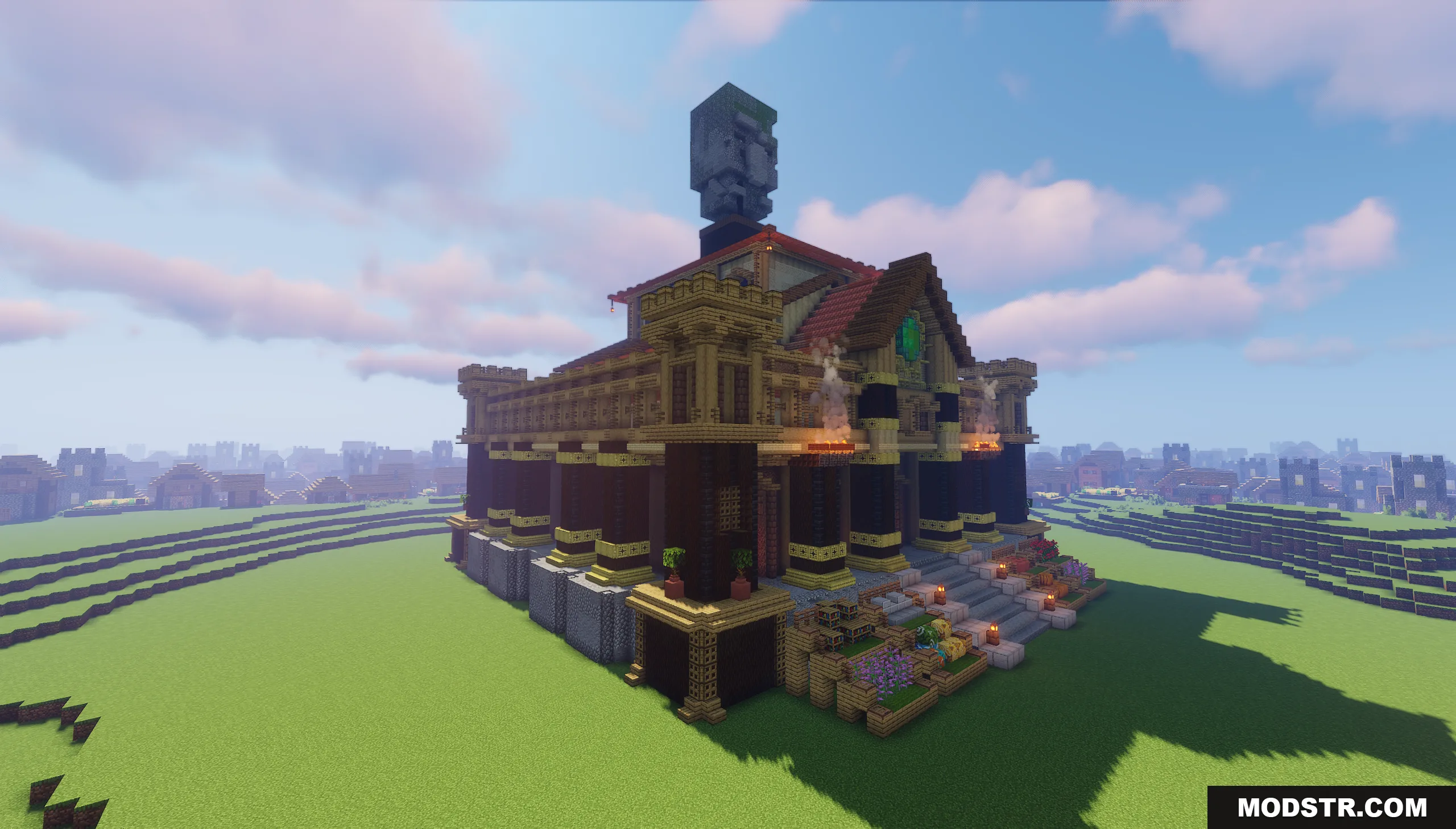 Villager Trading Hall Map Screenshot 10 Exterior view of a grand building topped with a giant stone villager head