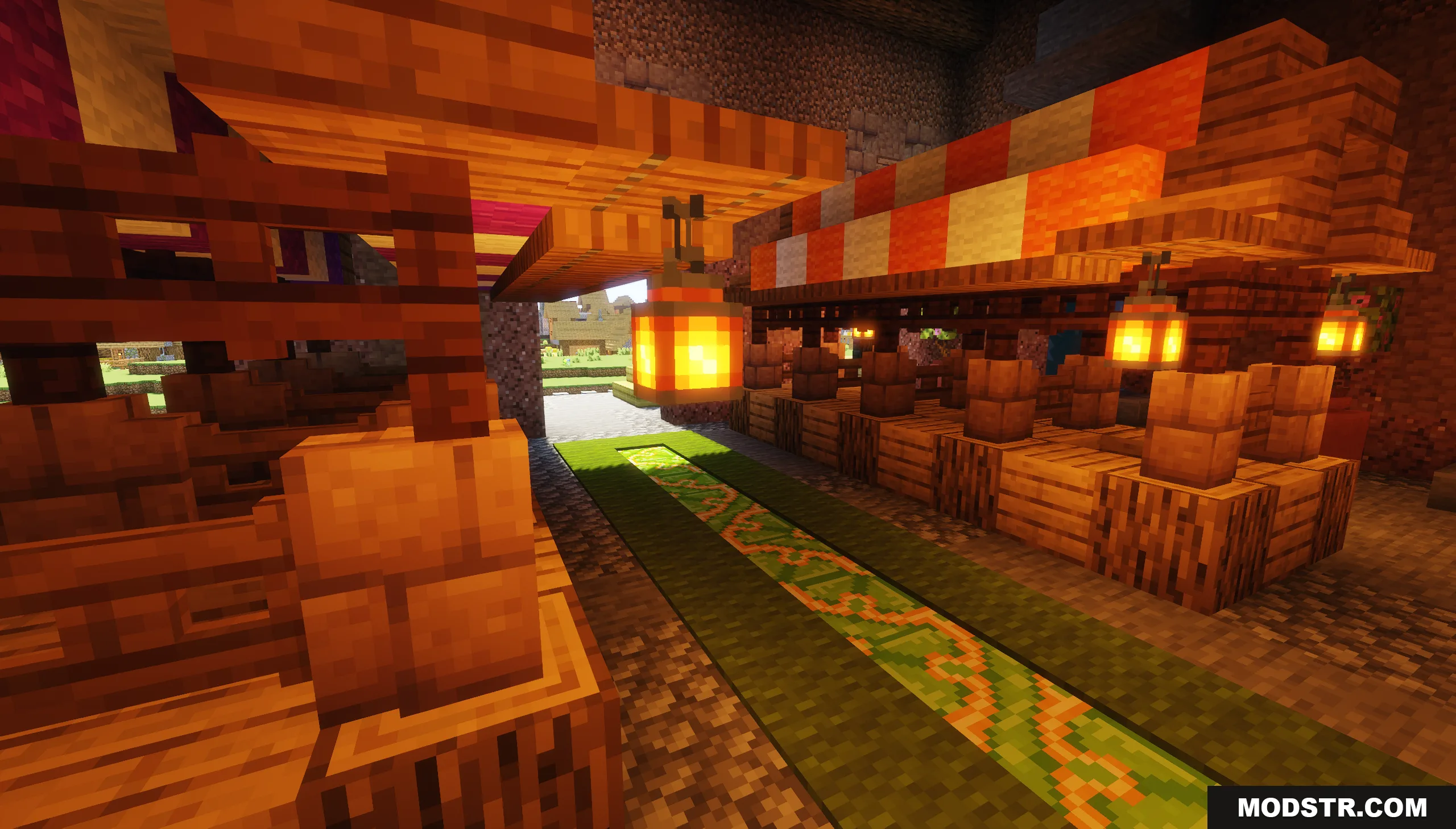 Villager Trading Hall Map Screenshot 8 Brightly lit wooden trading stalls with colorful striped awnings and hanging lanterns