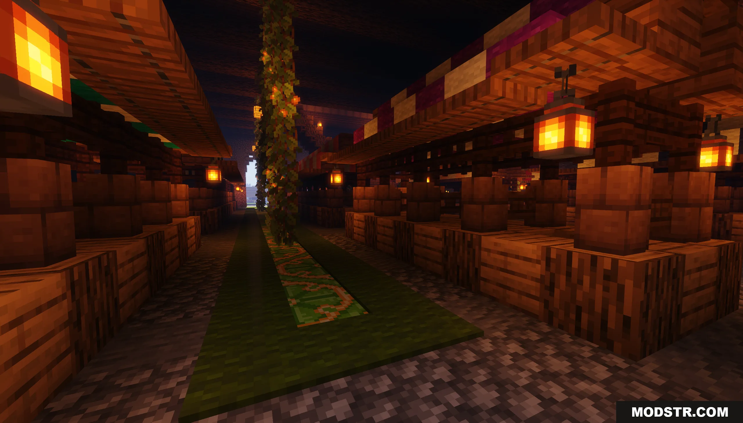 Villager Trading Hall Map Screenshot 7 Dimly lit wooden market stalls lined up along a green carpeted path